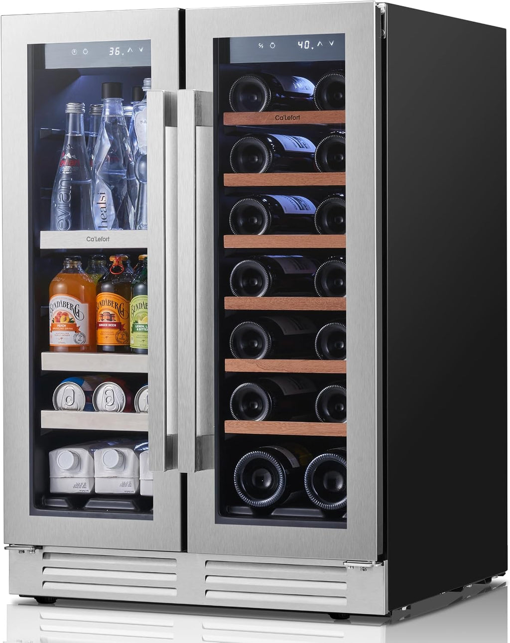 Ca'Lefort 24 Inch Wine and Beverage Refrigerator, Dual Zone Wine Cooler with Glass Door, Holds 60 Cans 20 Bottles, 3 Color LED Built-in or Under Counter Wine Fridge for Kitchen Home Bar