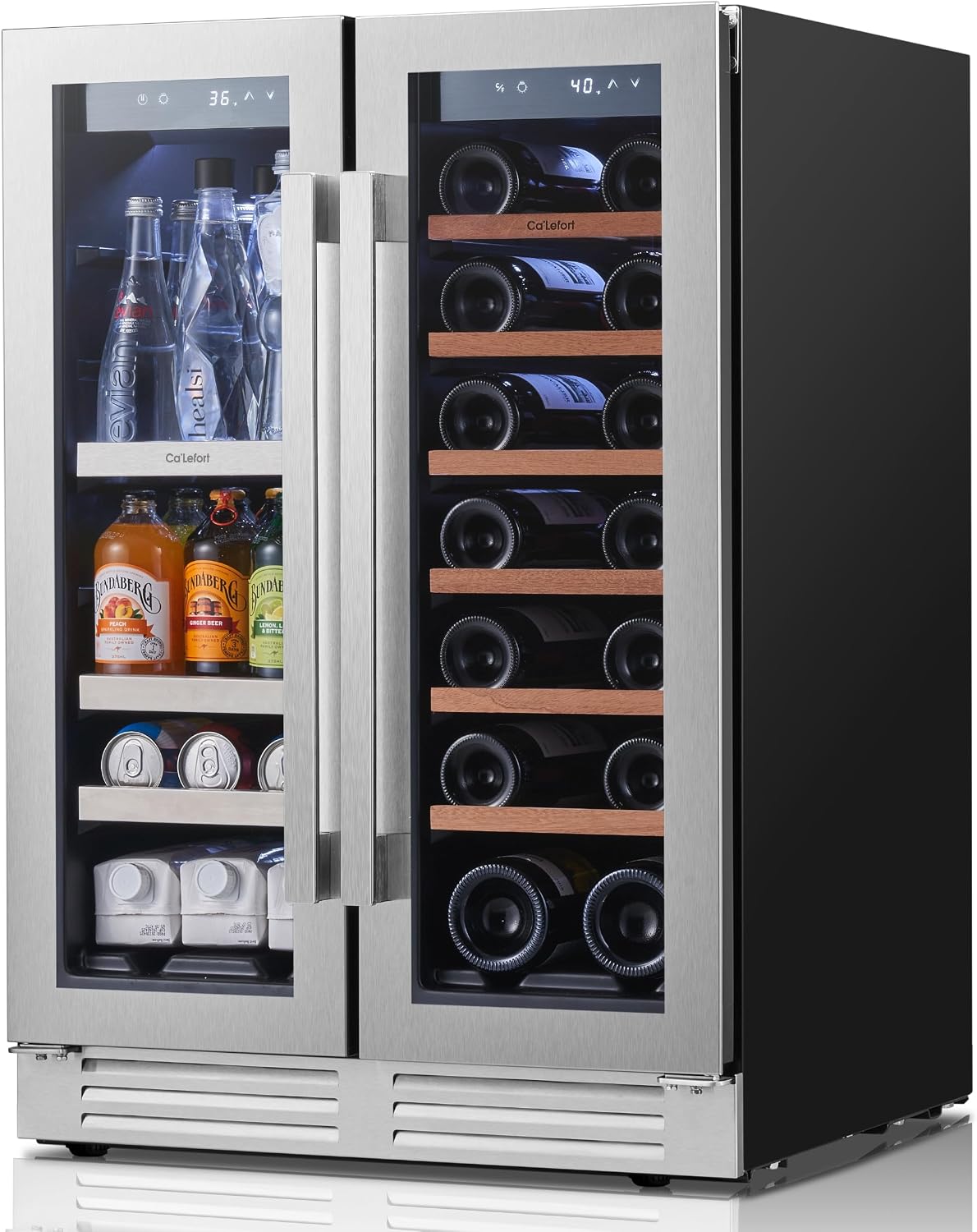 Ca'Lefort 24 Inch Wine and Beverage Refrigerator, Dual Zone Wine Cooler with Glass Door, Holds 60 Cans 20 Bottles, 3 Color LED Built-in or Under Counter Wine Fridge for Kitchen Home Bar