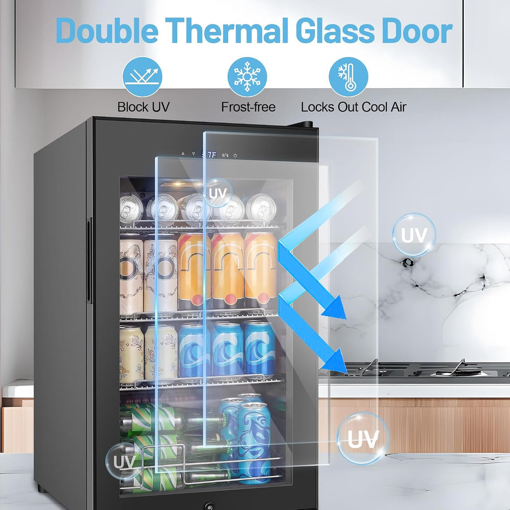Beverage Refrigerator Cooler, 17 Inch 120 Cans Freestanding Mini Fridge with Glass Door, Adjustable Shelves and LED Light, Small Drink Fridge Counter-top Beer Fridge for Bedroom Office Bar