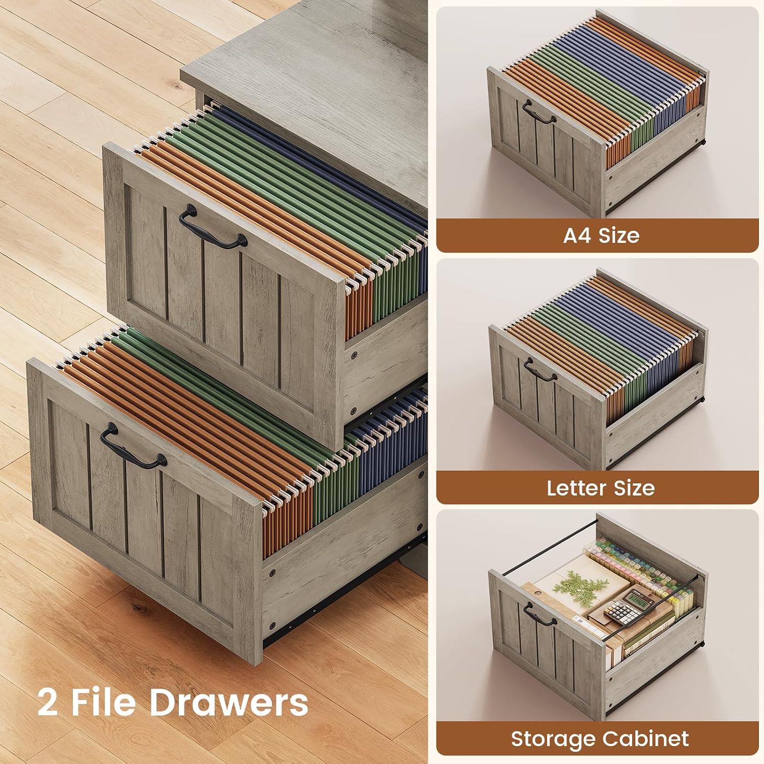 SEDETA 63' L Shaped Desk with Drawers, Farmhouse Corner Computer Desk, Wood Office Desk with File Drawers with Storage, Executive Desk with Monitor Stand and Storage Cabinet, Grey