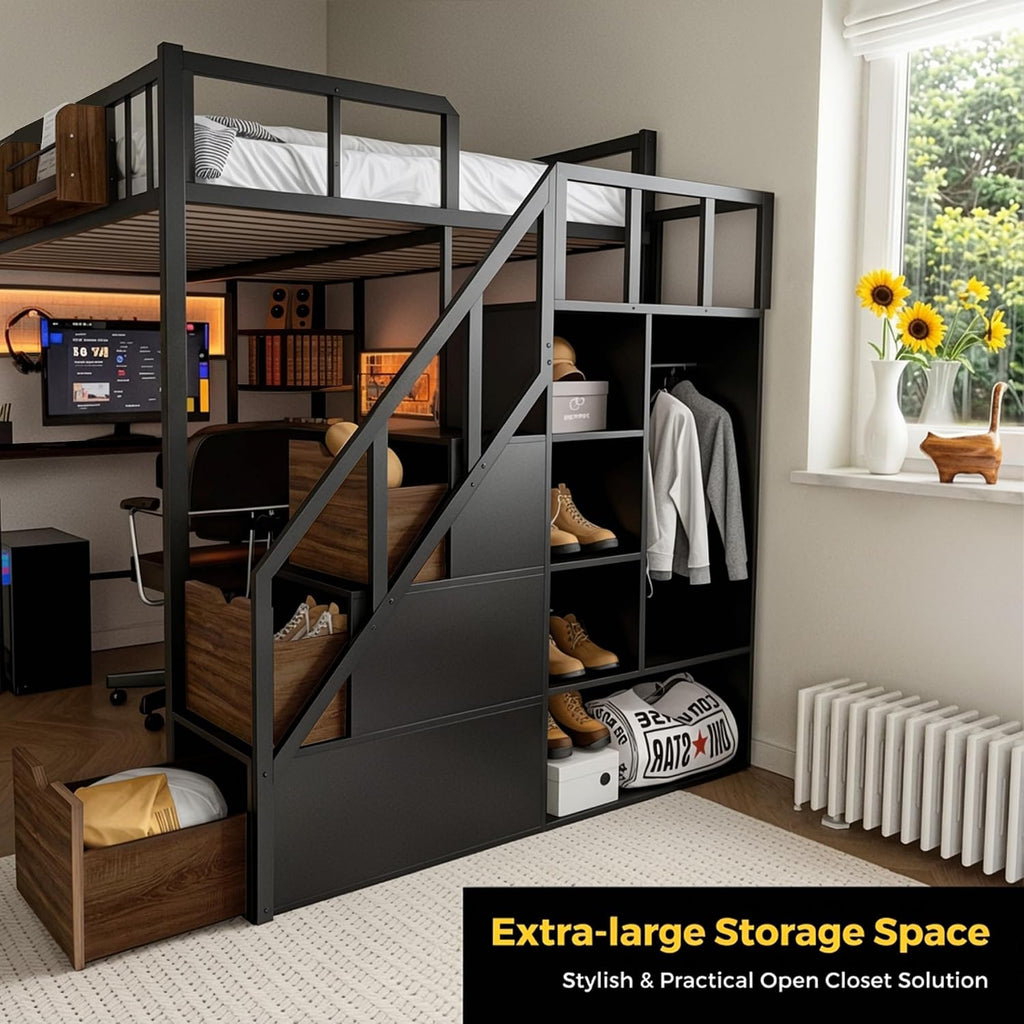 Full Size Loft Bed with Desk and Stairs, Headboard, Wardrobe, Bedside Storage Shelf, 6 Drawers, Charging Station & LED Light, Metal Gaming Loft Bed Frame for Adult Space-Saving, Black & Walnut