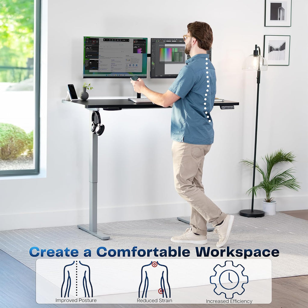 VIVO Electric 60 x 24 in Standing Desk, Memory Height Adjustment, 1B Series, Holds 220 lbs, One-Piece Black Top, Gray Frame, DESK-KIT-1G6B