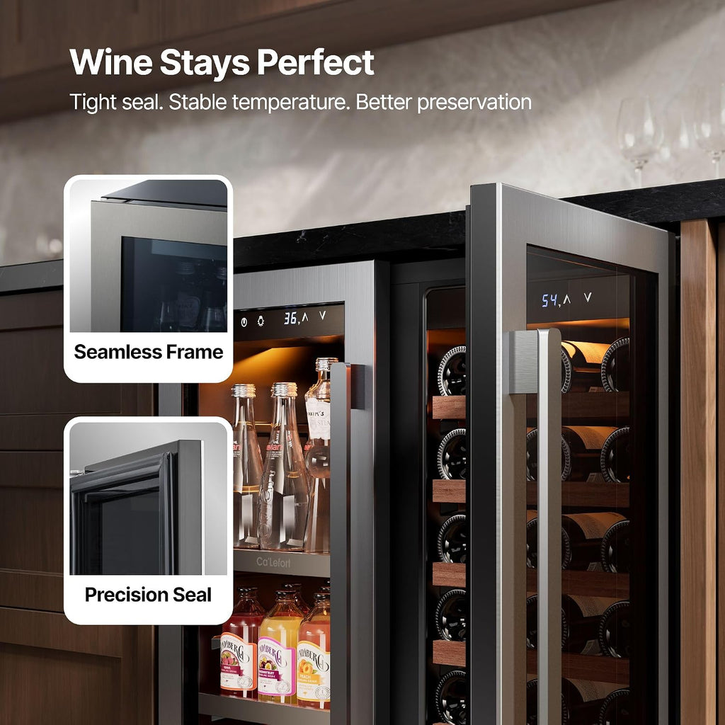 Ca'Lefort 30 Inch Wine and Beverage Refrigerator, Dual Zone 36-72°F Temp Control, Holds 80 Can & 33 Bottle, Adjustable Shelves & 3 LED Light, Built-in Under Counter Freestanding for Home/Kitchen/Bar