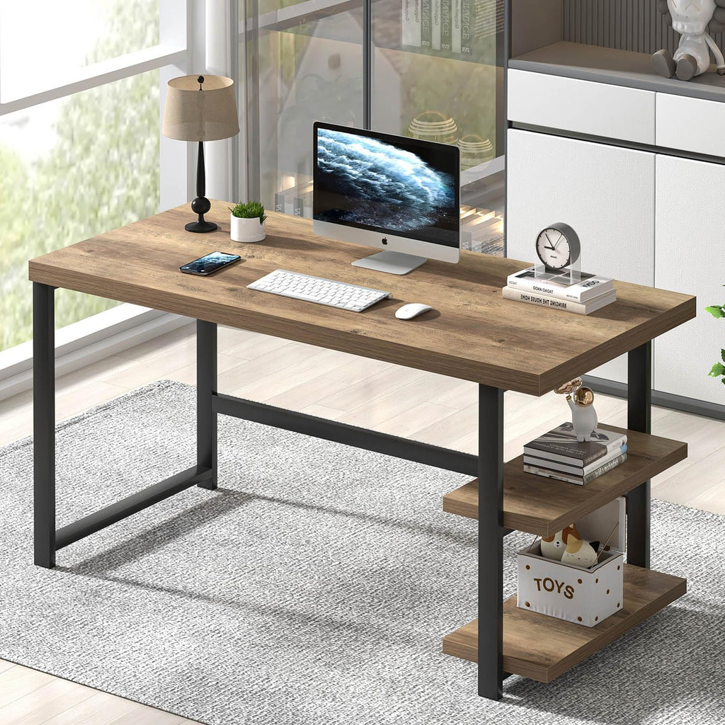 FOLUBAN Computer Desk, Wood and Metal Home Office Desk with Storage Shelves, Small Study Writing Table Workstation for Bedroom Living Room, Rustic Oak, 47 Inch