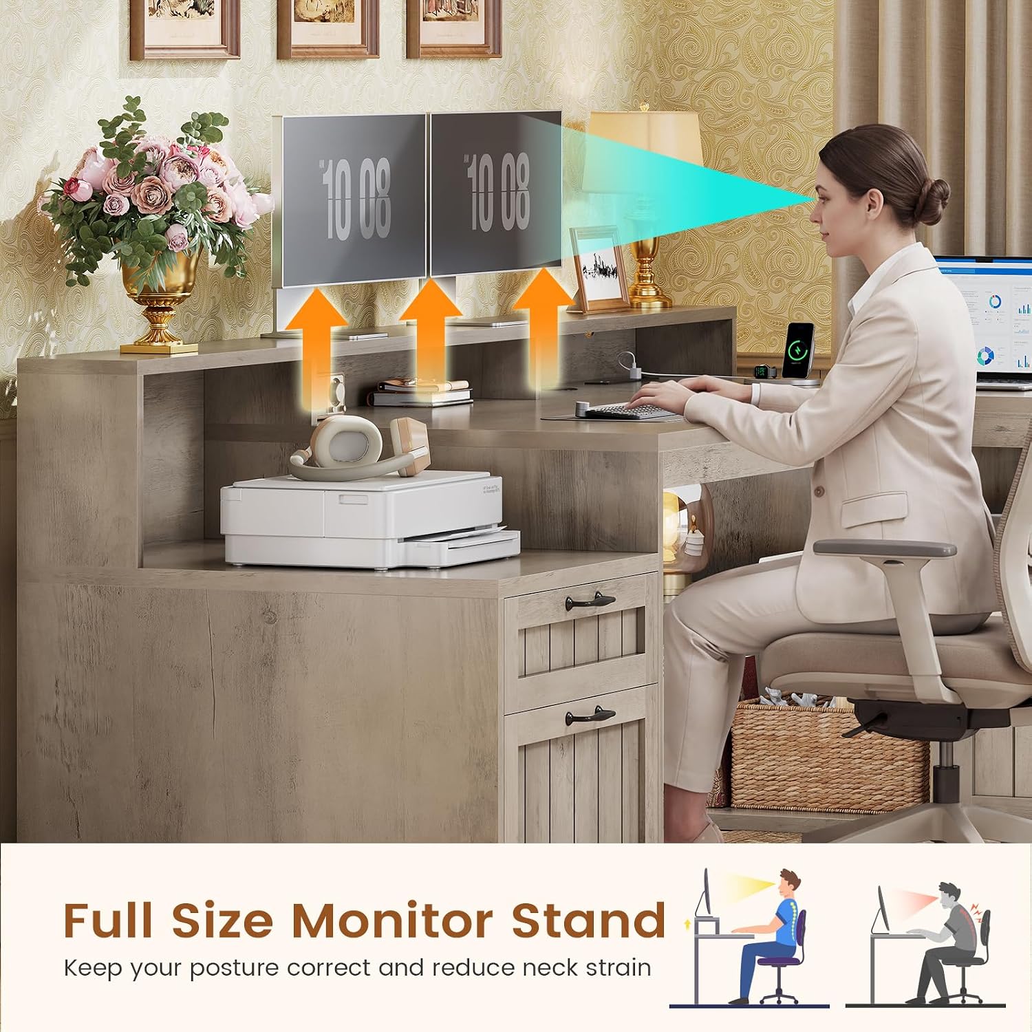 SEDETA Farmhouse L Shaped Desk with Drawers, 59' Office Desk with File Drawers, Wood Corner Computer Desk with Storage, Home Office Desks with Storage Cabinet and Monitor Stand, Grey
