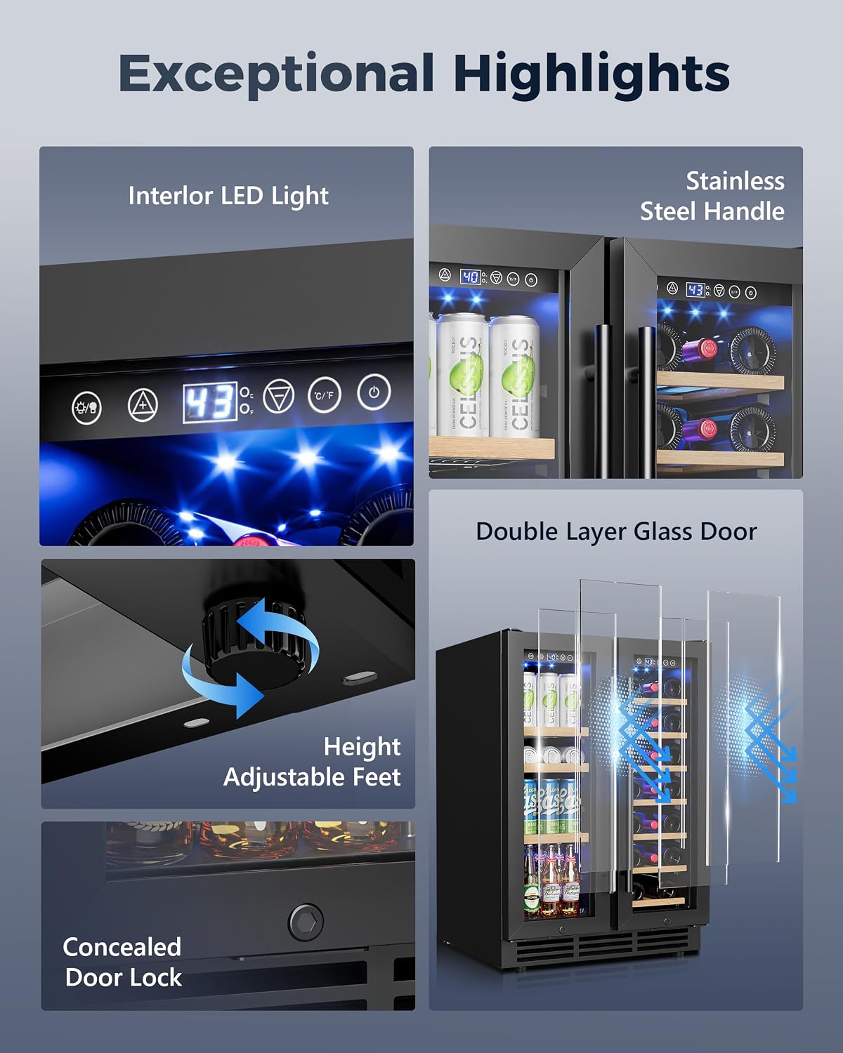 Wine and Beverage Refrigerator, 24 Inch Beverage Refrigerator with Glass Door, Wine Fridge Holds 20 Bottles & 60 Cans, Under Counter Refrigerator with Quiet Cooling System & LED Light