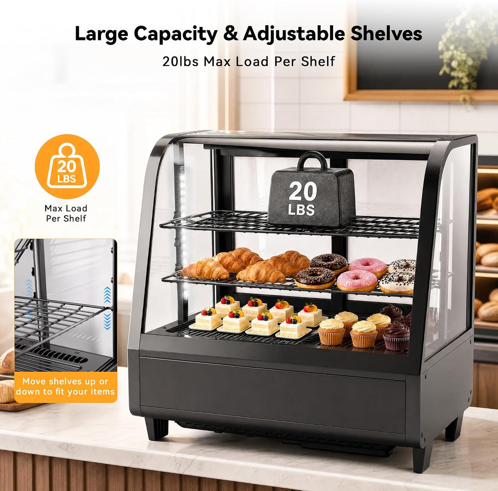 Tylza Commercial Refrigerator Display Case, 3.5 Cu.Ft/100L Countertop Refrigerated Showcase, White LED Lighting, Double Glass Door, 36-54°F, Auto Defrost for Bakery, Cafe, Store