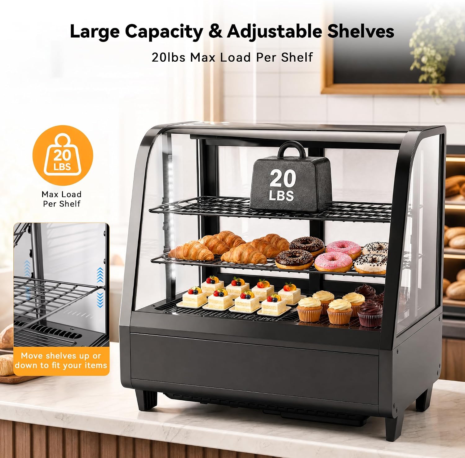Tylza Commercial Refrigerator Display Case, 3.5 Cu.Ft/100L Countertop Refrigerated Showcase, White LED Lighting, Double Glass Door, 36-54°F, Auto Defrost for Bakery, Cafe, Store
