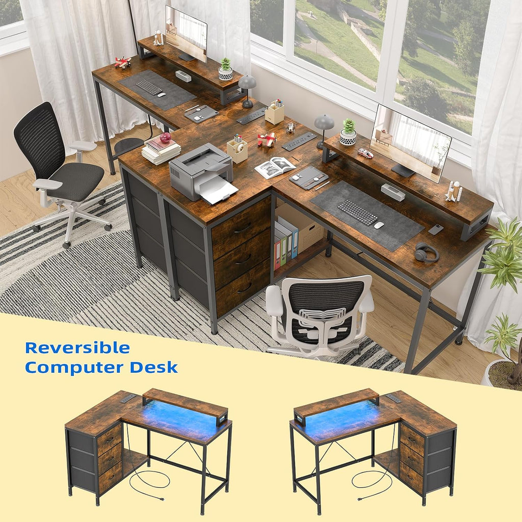 L Shaped Office Desk with Power Outlets, Computer Desk with Drawers, Shelves, for Gaming, Corner Work, Home Office, Study