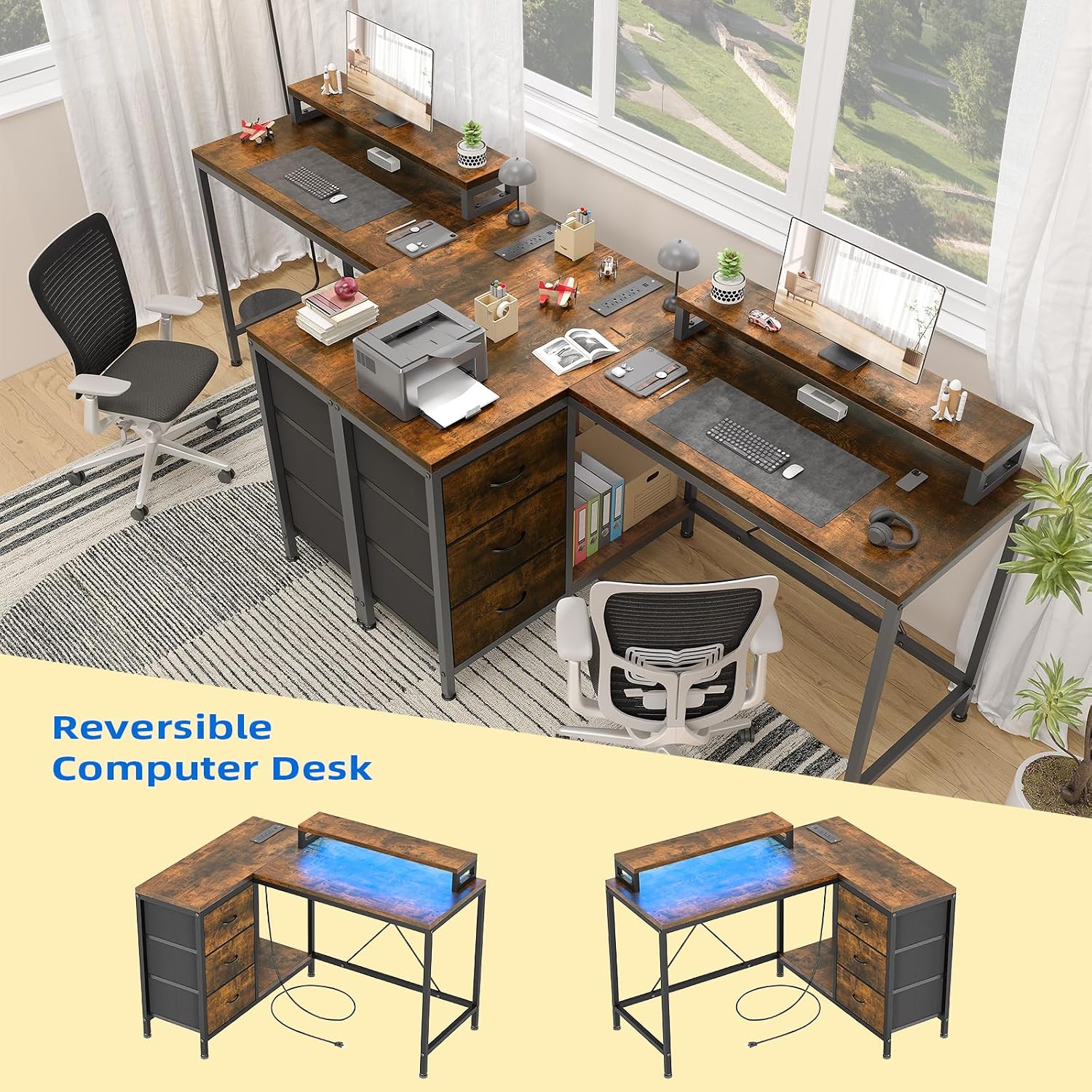 L Shaped Office Desk with Power Outlets, Computer Desk with Drawers, Shelves, for Gaming, Corner Work, Home Office, Study