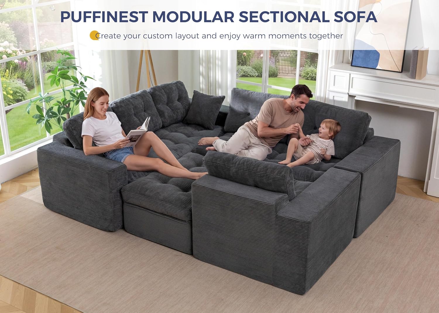 MAXYOYO Modular Sectional Sofa with Ottoman and Loveseat, Cloud Boneless Couch with Layered Cushion, Flexible Module Combination Sofa for Living Room, No Assembly Required,Dark Grey