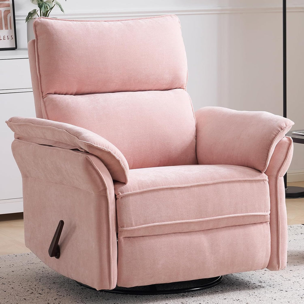 Oversized Recliner Chair, 26' Extra Wide 360° Swivel Rocker Recliner with Adjustable Headrest, Chenille Glider Rocking Nursery Chair with Overstuffed Armrest, Lumbar Support, Pink