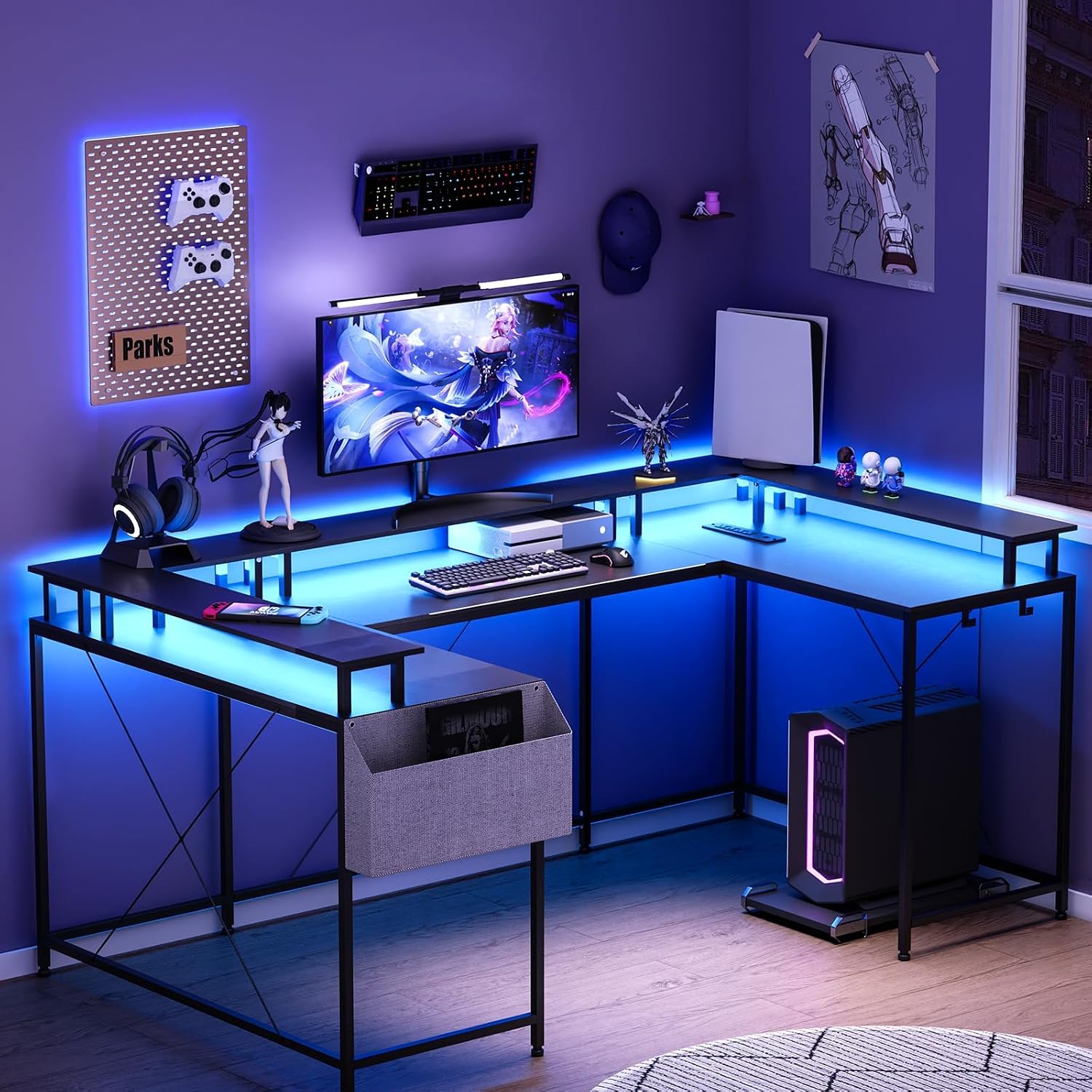 78' U-Shaped Gaming Desk - Reversible L-Shaped Computer Desk with Power Outlets, USB Ports & LED Strip, Corner Office Desk with Storage Shelves & Monitor Stand - Black.