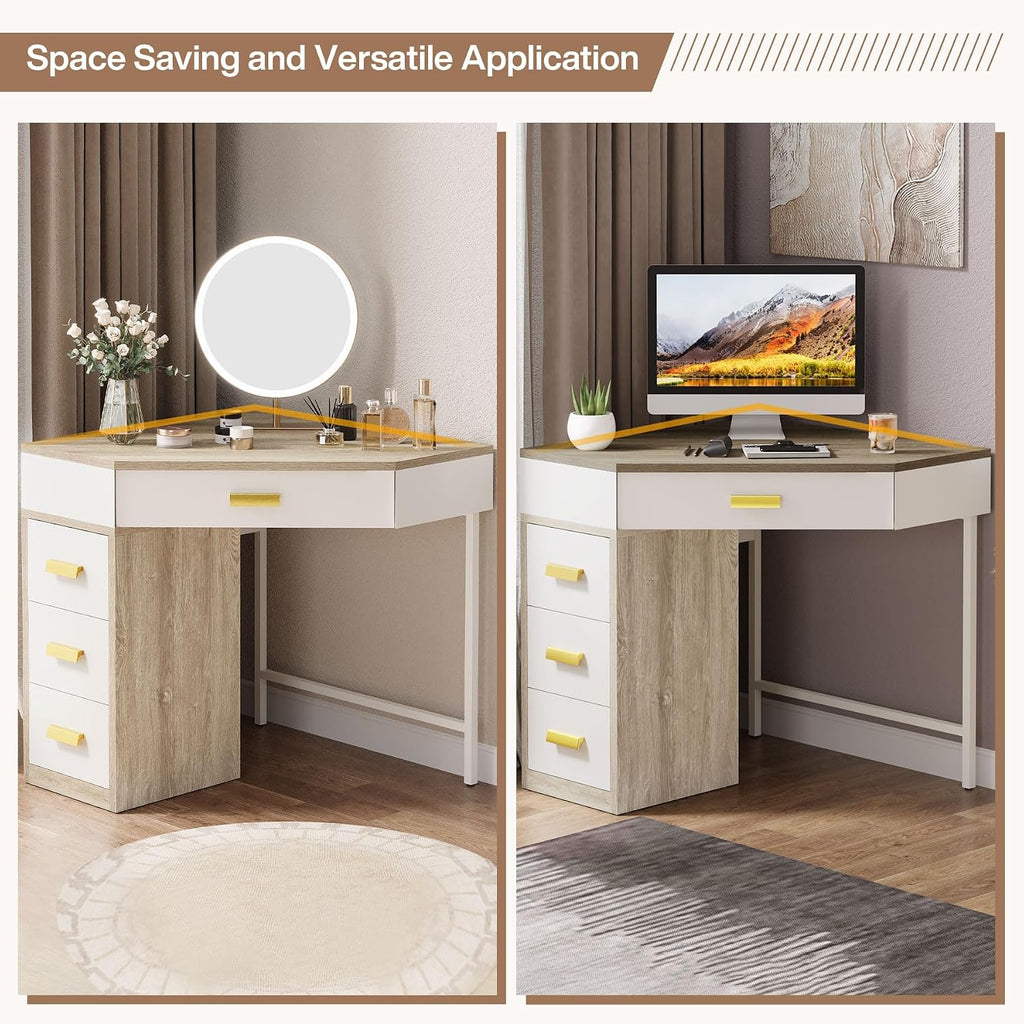 Tribesigns Corner Desk, Triangle Computer Desk with 3 Drawers, 90-Degree Writing Desk PC Table Makeup Vanity Desk with Storage for Home Office, Living Room, Bedroom (Grey+White)