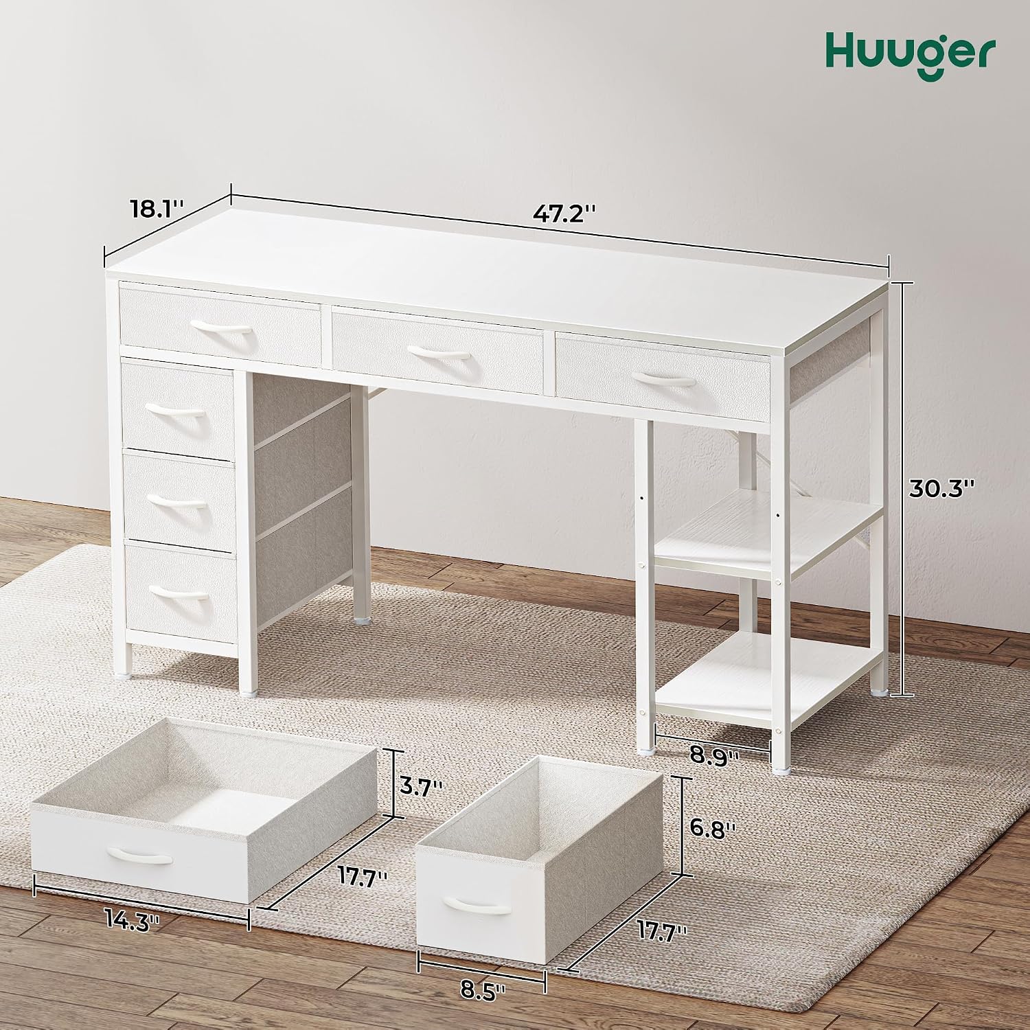 Huuger Computer Desk with 6 Drawers, Office Desk with Shelves, Reversible Gaming Desk, Corner Desk with Storage, Work for Home Office, Study, Living Room, 47inch, White