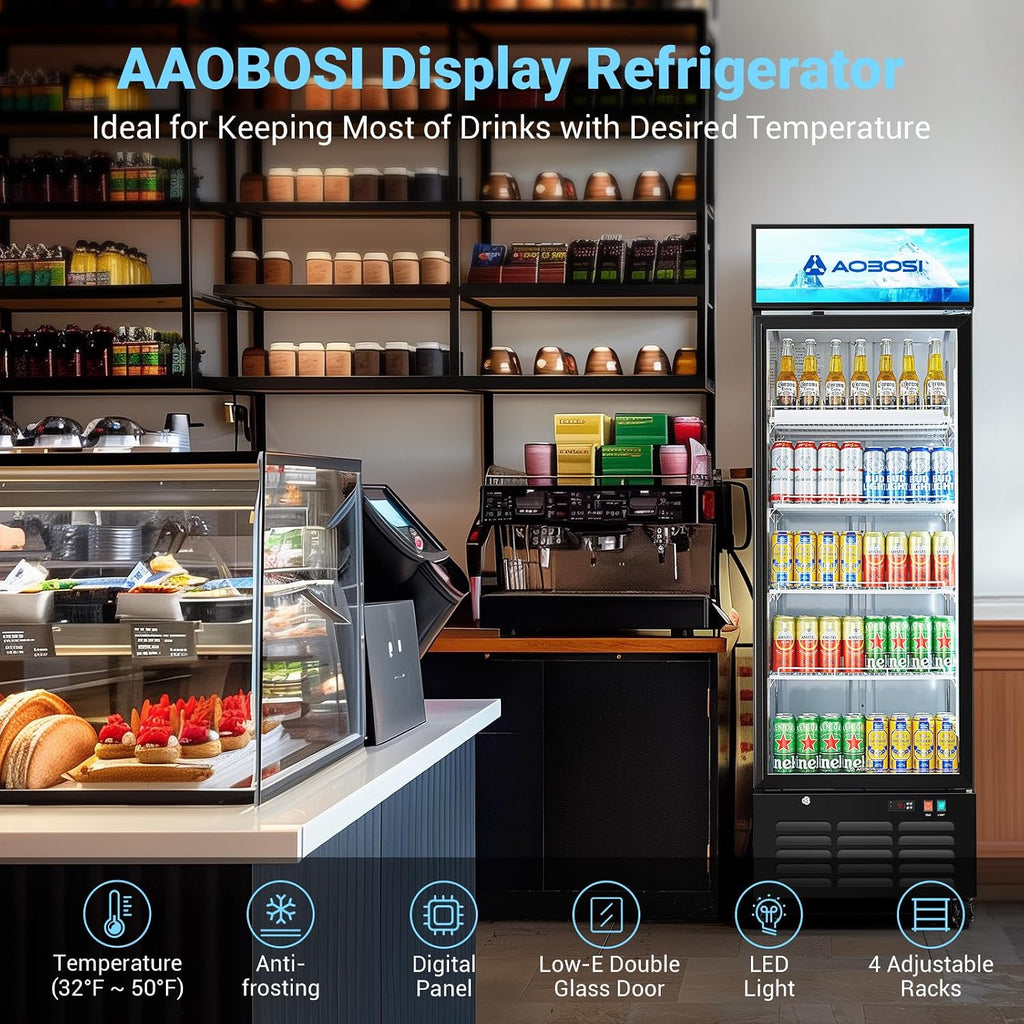 AAOBOSI Commercial Merchandiser Refrigerator,17.1 Cu.Ft Glass Door Display Refrigerator,Upright Beverage Cooler Fridge with Soft LED Light, Customizable Lightbox,Universal Casters,Adjustable Shelves