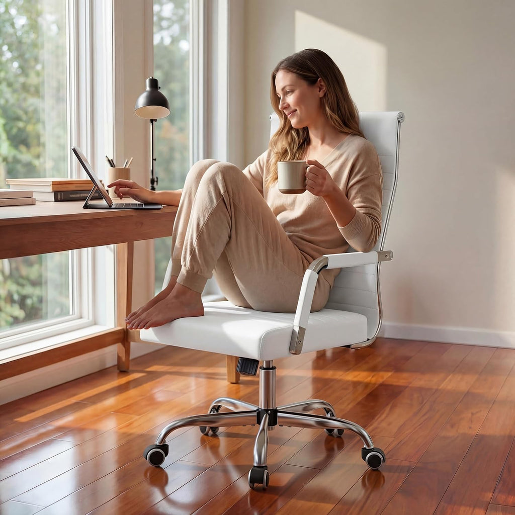 Furmax Ergonomic Office Desk Chair, Executive Ribbed Mid-Back PU Leather Conference Room Chair Adjustable Swivel Chair with Arms (4, White)