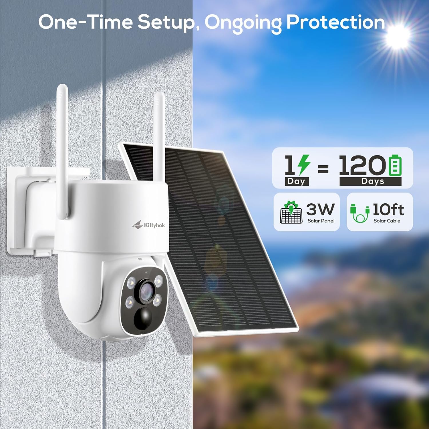 Kittyhok Solar Security Cameras Wireless Outdoor, 360° Pan & Tilt Home Security Camera, No Subscription, 2K Clarity, Color Night Vision, WiFi6 NVR with 64GB microSD Card, Local Storage, 5G & 2.4G WiFi