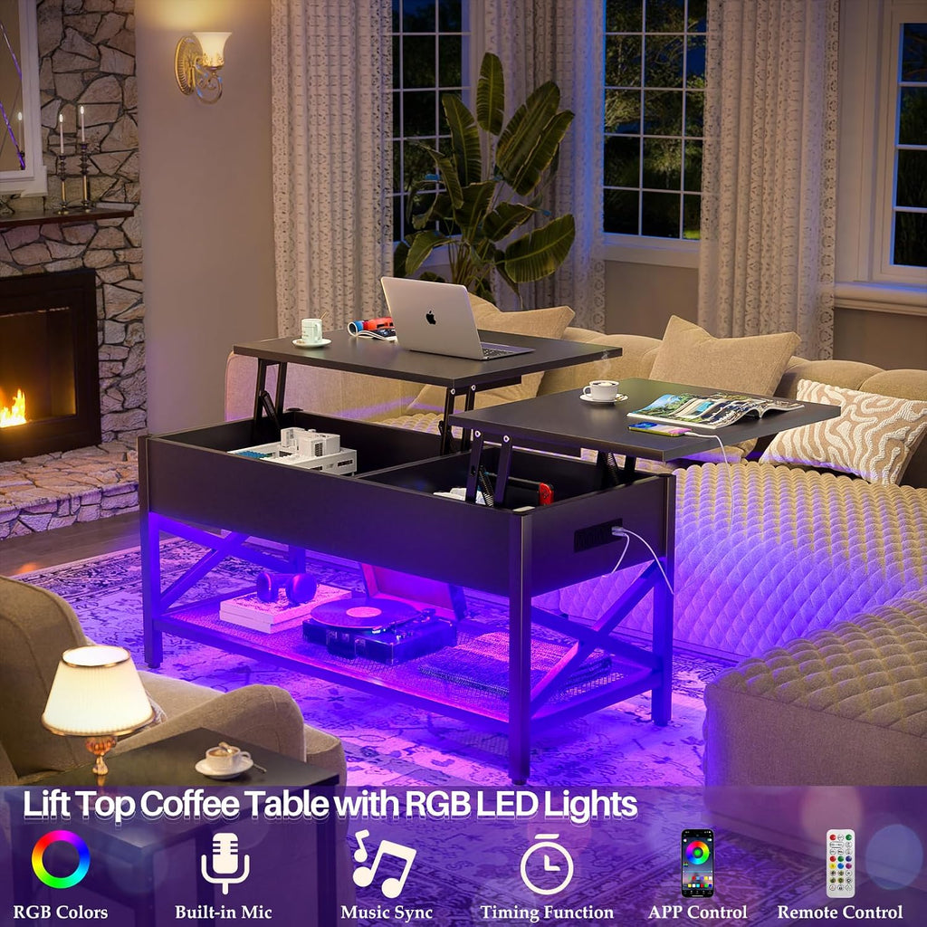 Aheaplus Black Lift-Top Coffee Table with LED Light, Power Outlets and Storage Shelf, 41.7'W x 19.69'L x 19.7'H