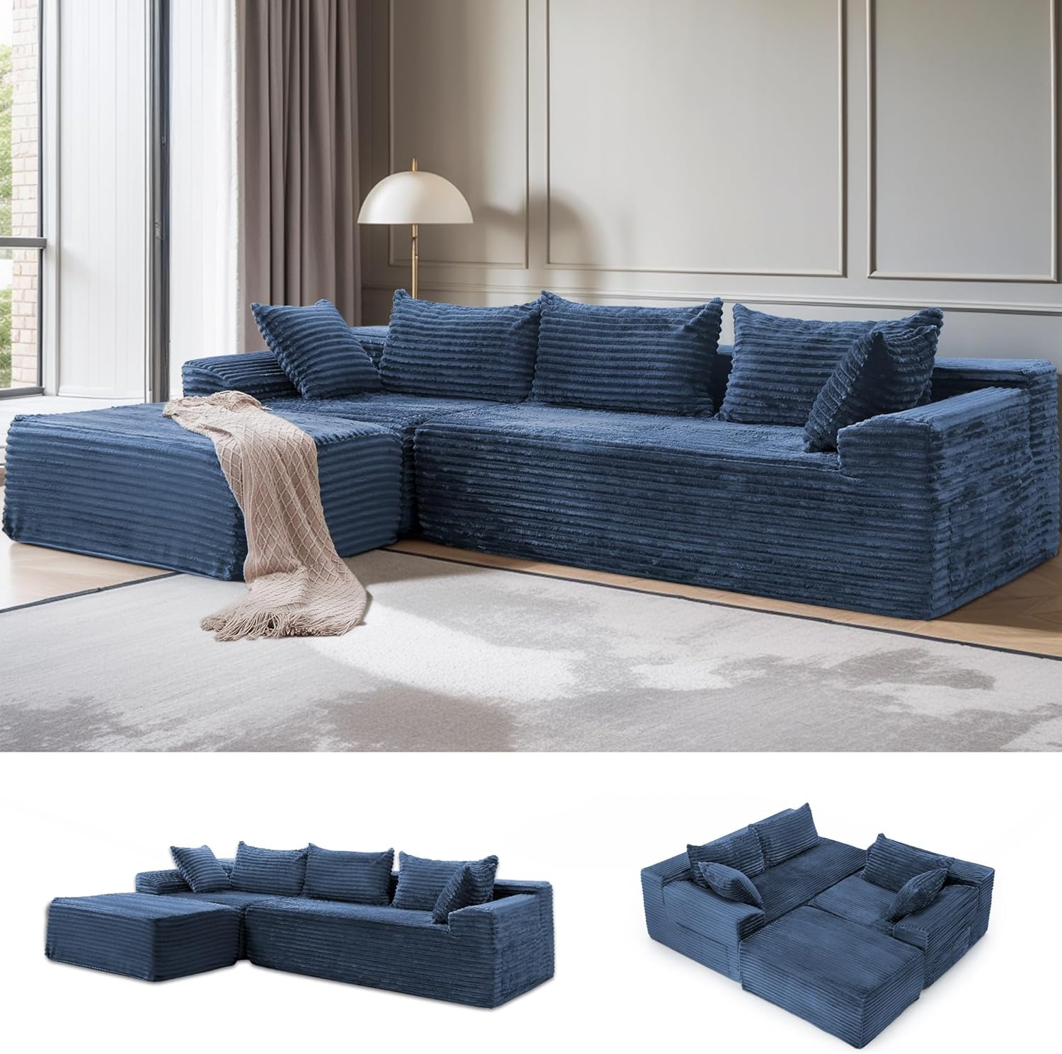 Korser 110' L-Shaped Modular Sectional Sofa with Chaise, Boneless Comfy Corduroy Fluffy Couch with Deep Seat and Side Pockets, Flexible Module Combination for Living Room, No Assembly, Side Pockets