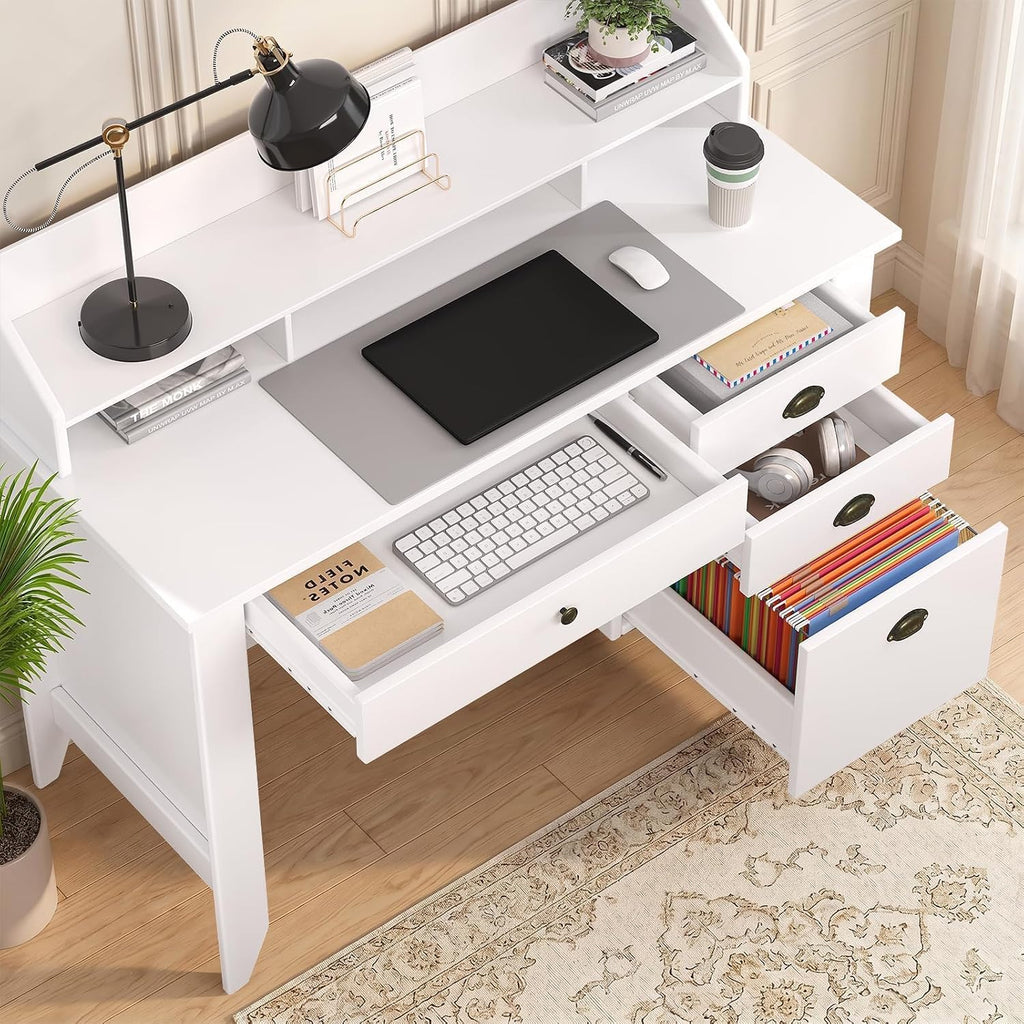 4 EVER WINNER White Desk with Drawers, 47'' Small Desk with File Drawer for Small Spaces, Wood Computer Desk with Monitor Stand for Home Office, Bedroom, White