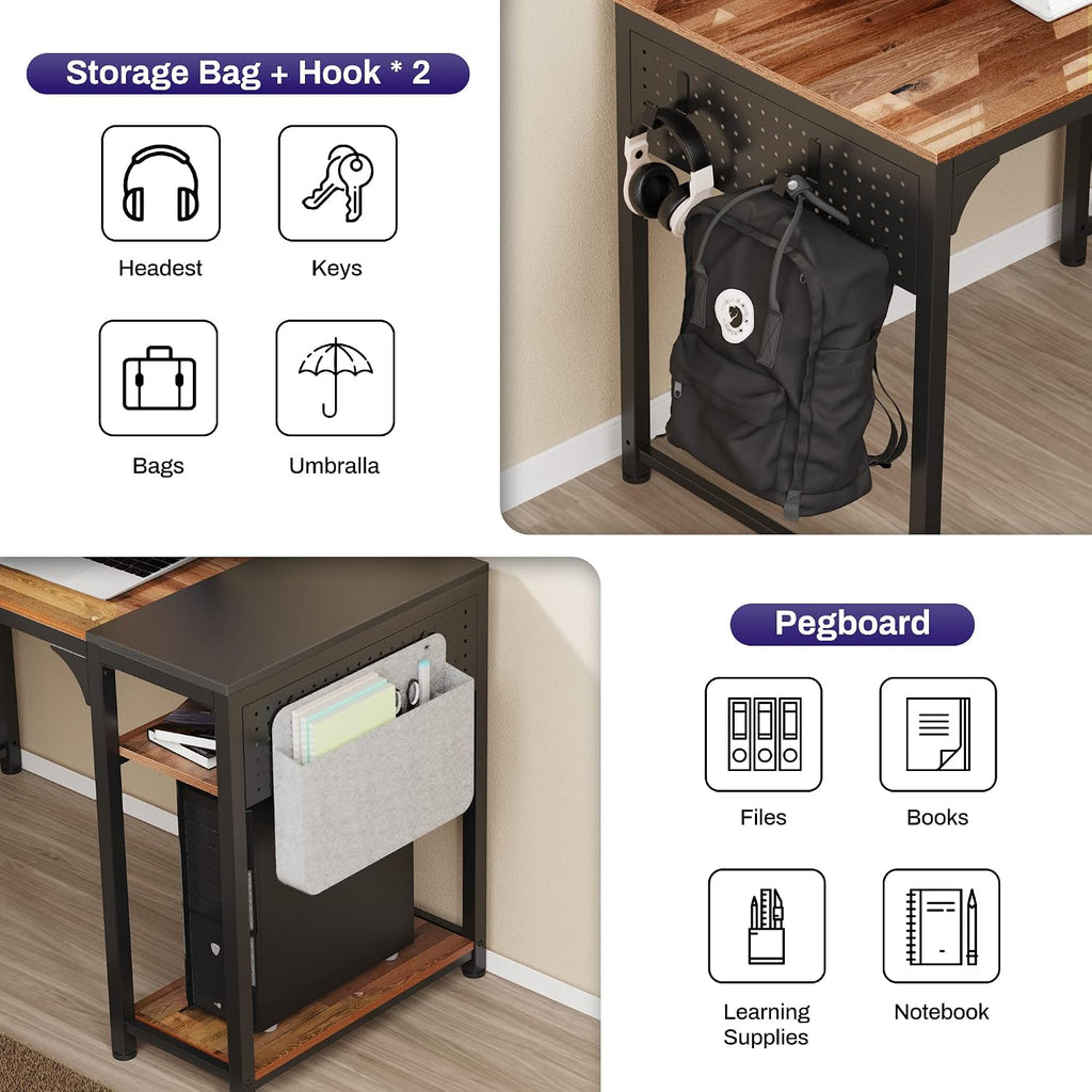 It's_Organized Reversible L Shaped Desk with Monitor Stand,58x47 inch Corner Desk,Study Writing Computer Table with Storage Shelves for Home Office,Rustic Brown/Black