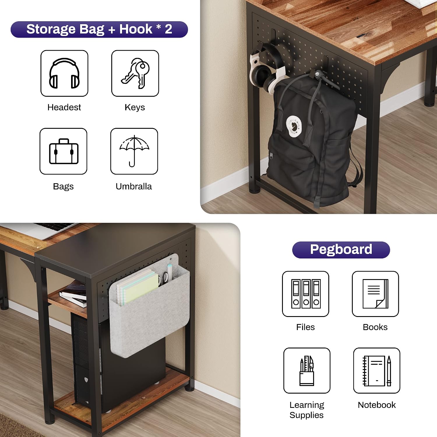 It's_Organized Reversible L Shaped Desk with Monitor Stand,58x47 inch Corner Desk,Study Writing Computer Table with Storage Shelves for Home Office,Rustic Brown/Black