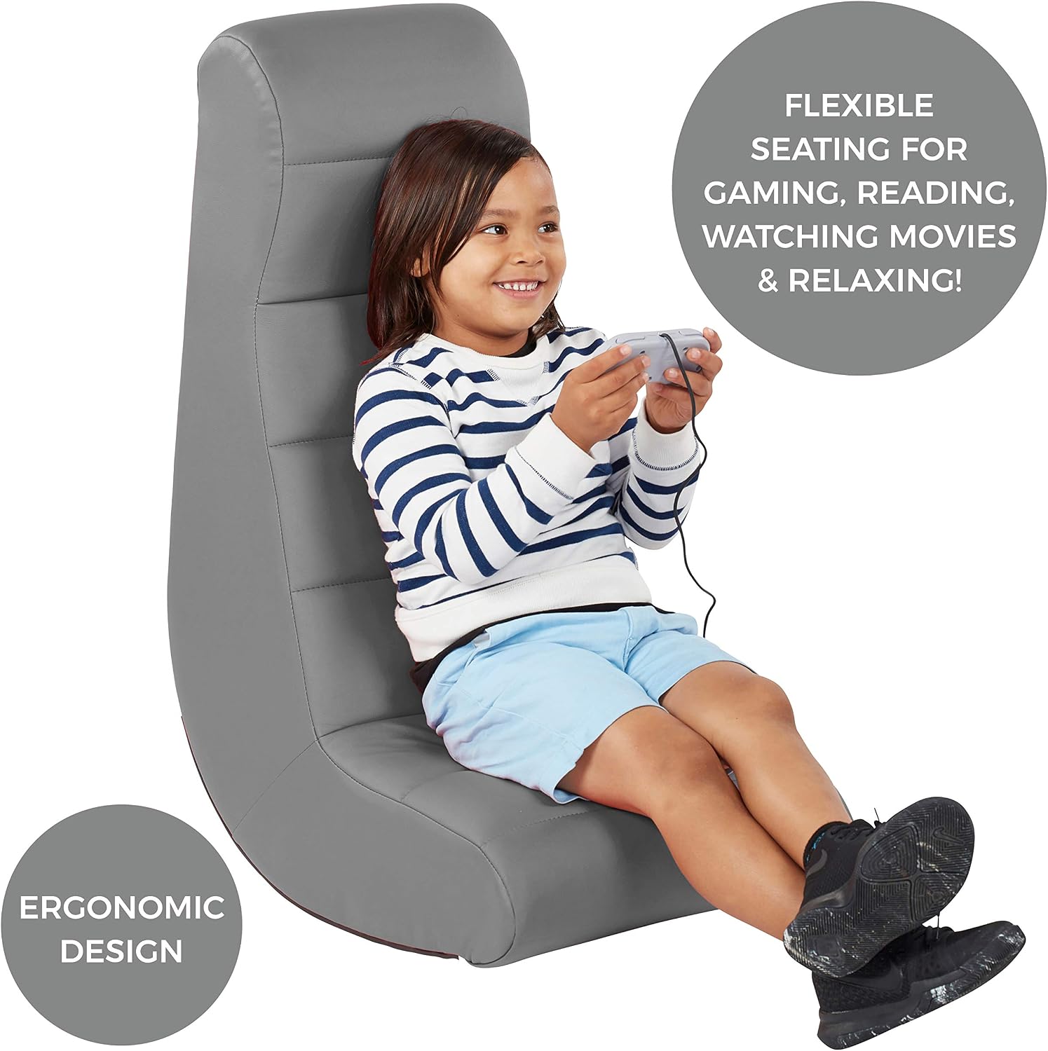 Factory Direct Partners Soft Ergonomic Horizontal Soft Floor Video Rocker - Cushioned Ground Chair Great for Reading, Gaming or Watching TV for Kids, Teens and Adults - Gray, 10489-GY