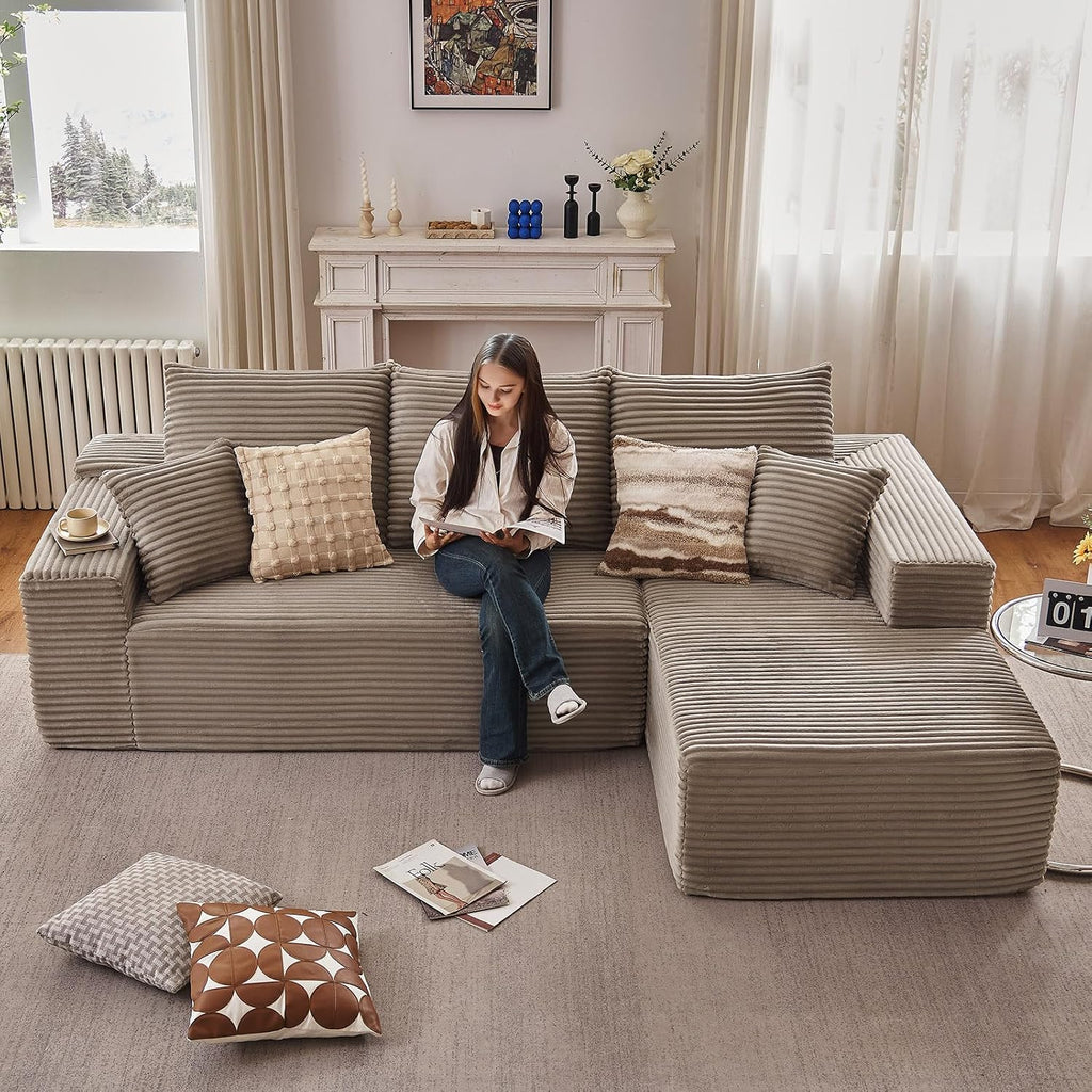 107' Cloud Sectional Couch with L-Shape Chaise, Modern Modular Comfy Sofa Chaise Longue, Upholstered Corduroy Couches Sleeper with Deep Seat for Living Room Bedroom, No Assembly Required, Camel