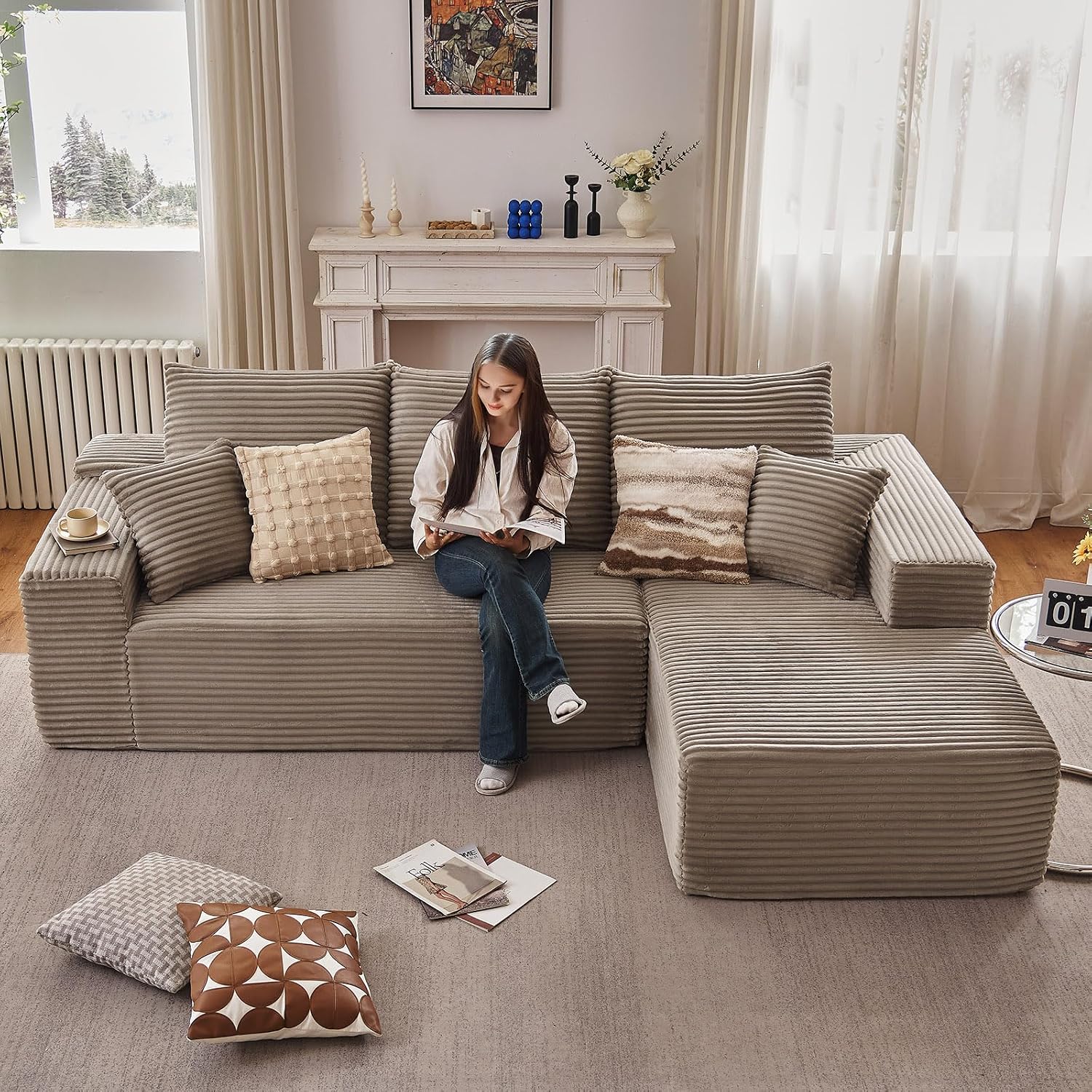107' Cloud Sectional Couch with L-Shape Chaise, Modern Modular Comfy Sofa Chaise Longue, Upholstered Corduroy Couches Sleeper with Deep Seat for Living Room Bedroom, No Assembly Required, Camel