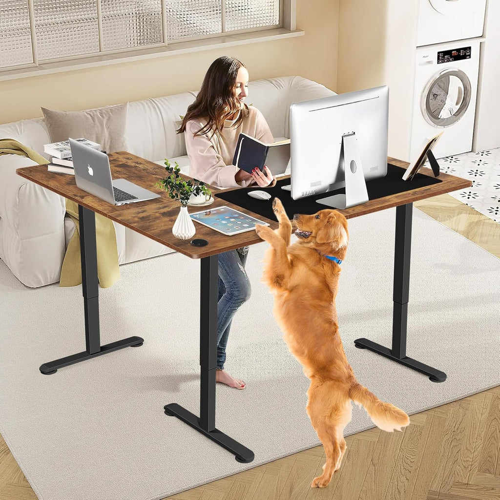 63' L Shaped Standing Desk,Electric Height Adjustable Corner Stand Up Desk, Ergonomic Sit Stand Home Office Computer Desk with Splice Board (Brown)