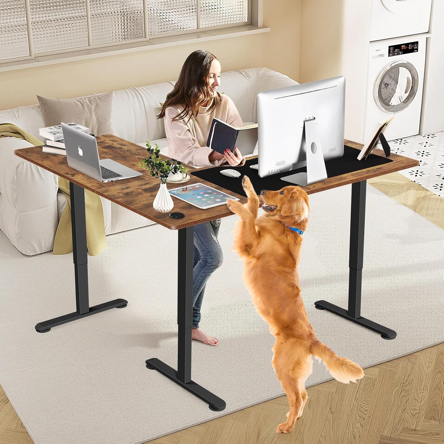 63' L Shaped Standing Desk,Electric Height Adjustable Corner Stand Up Desk, Ergonomic Sit Stand Home Office Computer Desk with Splice Board (Brown)