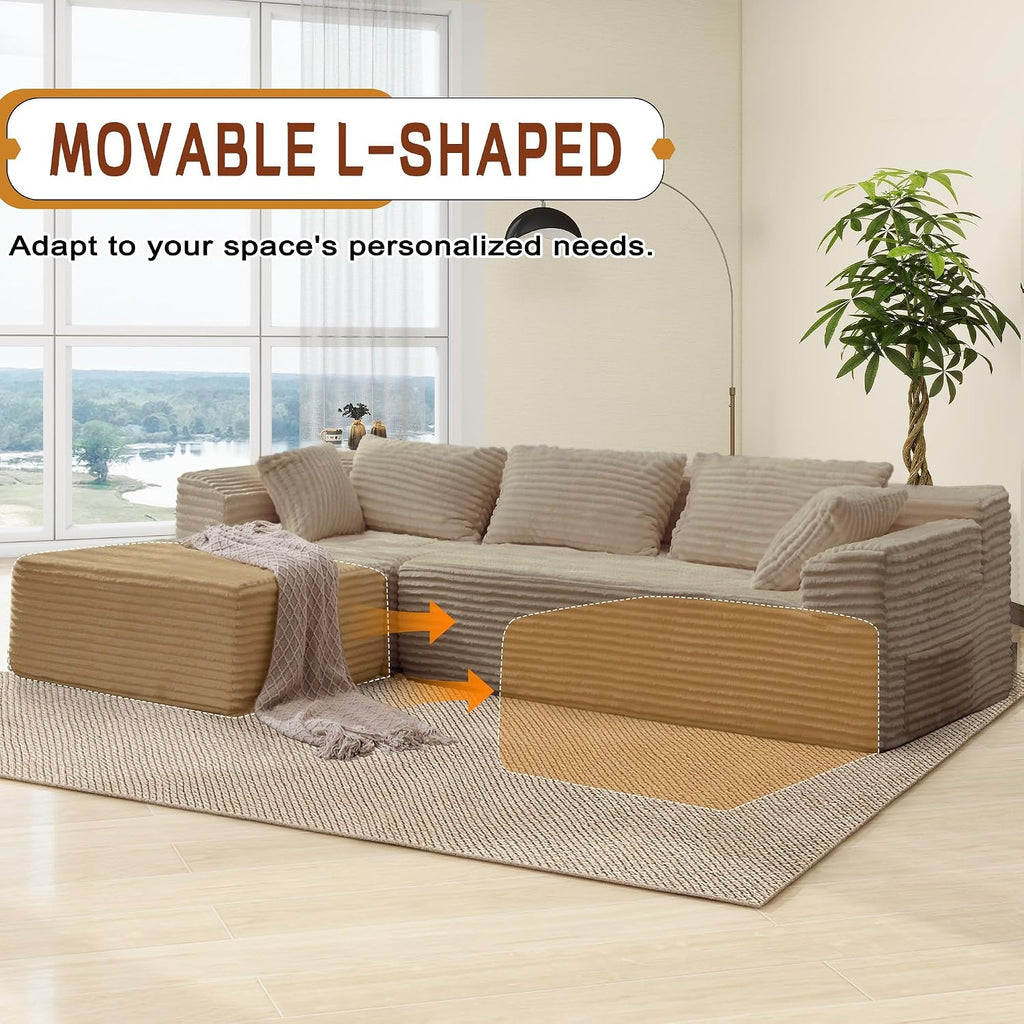 Korser 110' L-Shaped Modular Sectional Sofa with Chaise, Boneless Comfy Corduroy Fluffy Couch with Deep Seat and Side Pockets, Flexible Module Combination for Living Room, No Assembly, Side Pockets