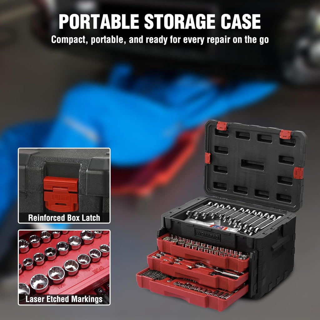 WORKPRO 450-Piece Drive Socket Set 1/2' 1/4' 3/8', CR-V Metric and Imperial with Quick-Release Ratchet Wrench, Spanners, Bits Set, Mechanics Tool for Car Repair