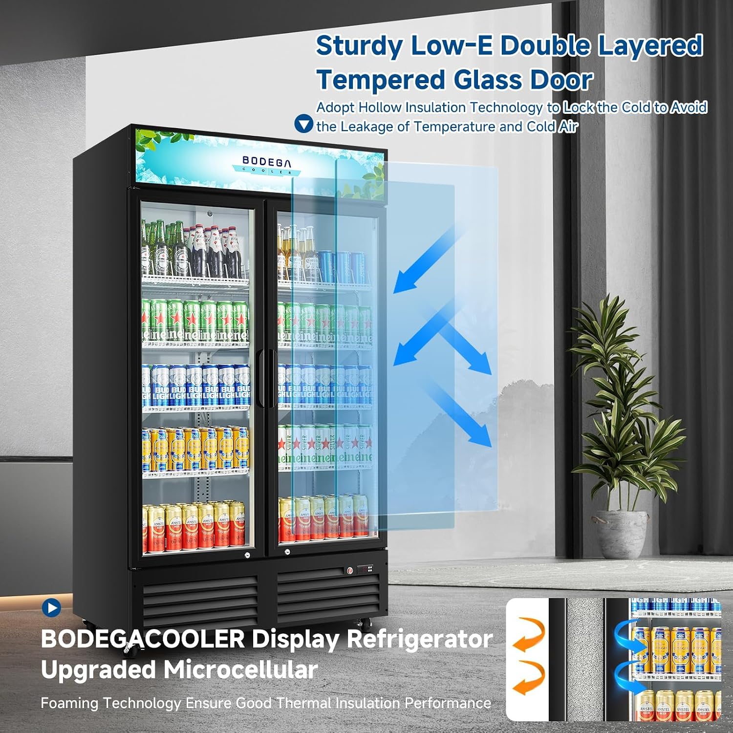 BODEGACOOLER Commercial Merchandiser Refrigerator,2 Glass Door Commercial Beverage Refrigerator, Beverage Display Cooler with Soft LED Light, Adjustable Shelves and 4 Strong Castors, 35.4 Cu. Ft,Black