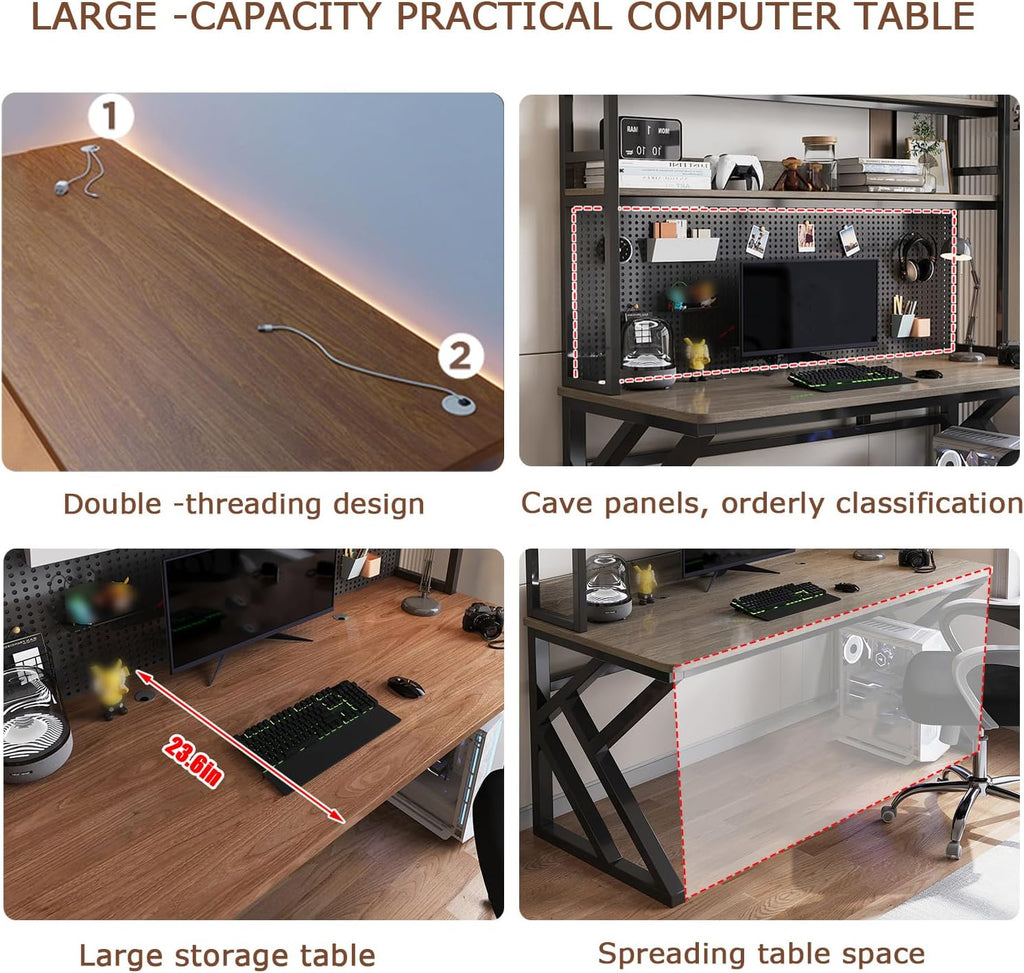 31.4in Gaming Desk with Bookshelf Combo, Computer Desk with Pegboard, Large Writing Table with Desktop Shelves, Ample Leg Room, for Home Office (Brown, 31.4in)