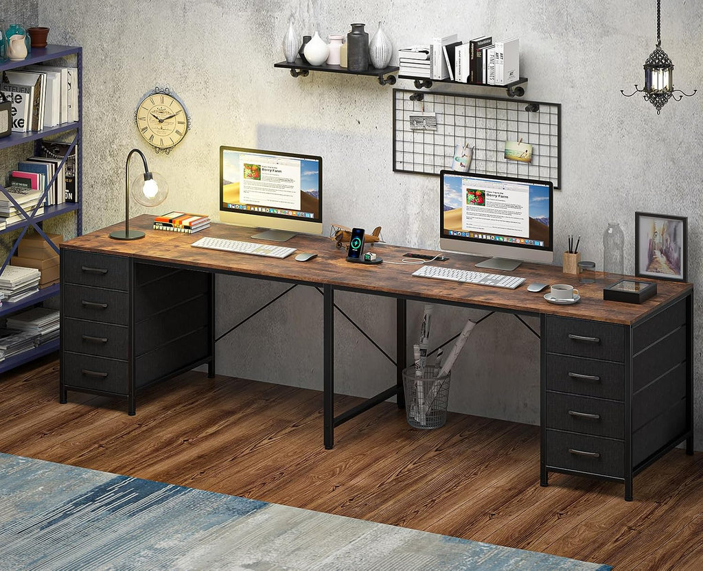 TVU 95' 2 Person Desk with 8 Drawers, Large Writing Home Office Desks with Outlets, I Shaped Workstation Double Desk Drawer Organizers (Rustic)