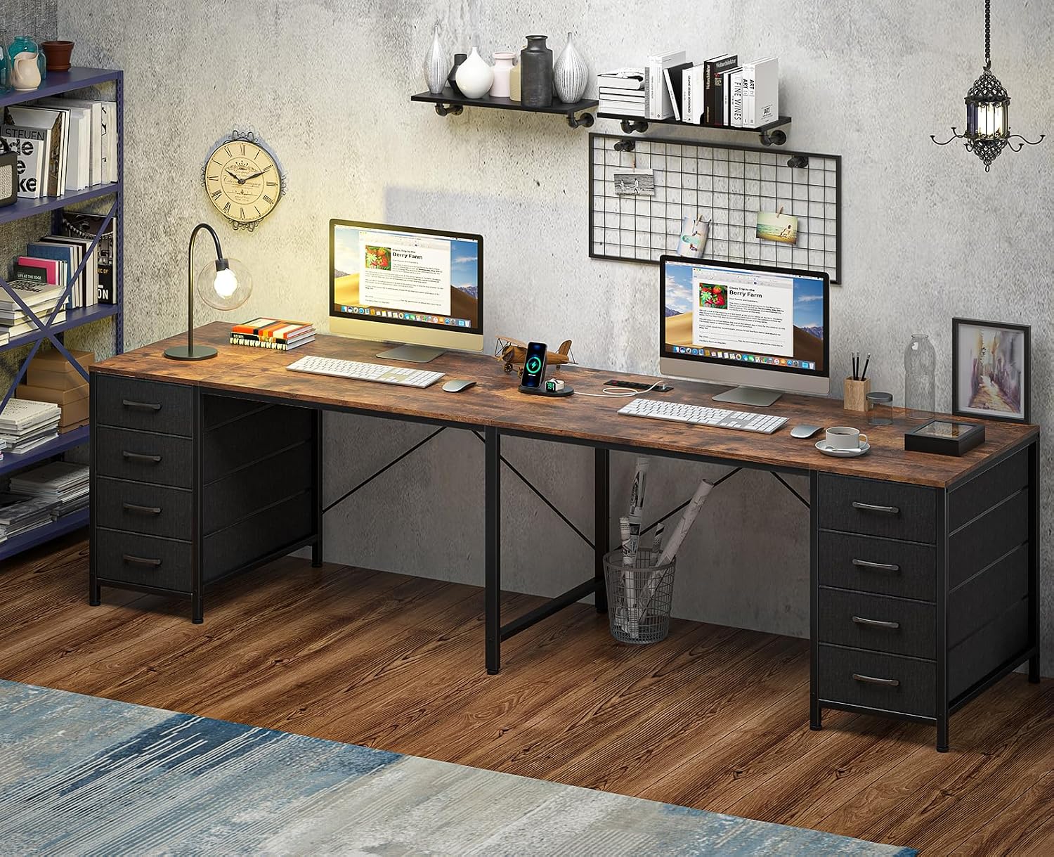 TVU 95' 2 Person Desk with 8 Drawers, Large Writing Home Office Desks with Outlets, I Shaped Workstation Double Desk Drawer Organizers (Rustic)
