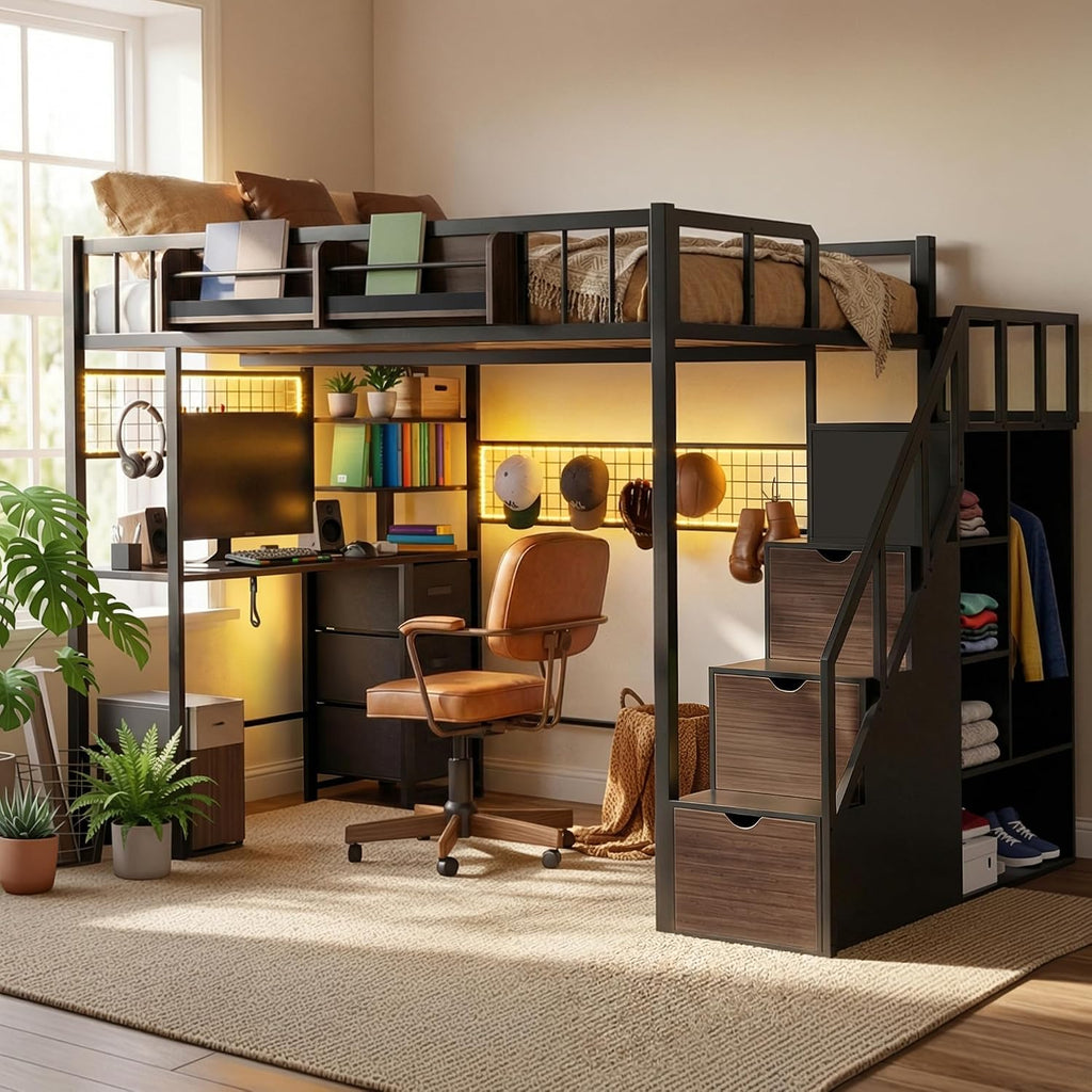 Full Size Loft Bed with Desk and Stairs, Headboard, Wardrobe, Bedside Storage Shelf, 6 Drawers, Charging Station & LED Light, Metal Gaming Loft Bed Frame for Adult Space-Saving, Black & Walnut