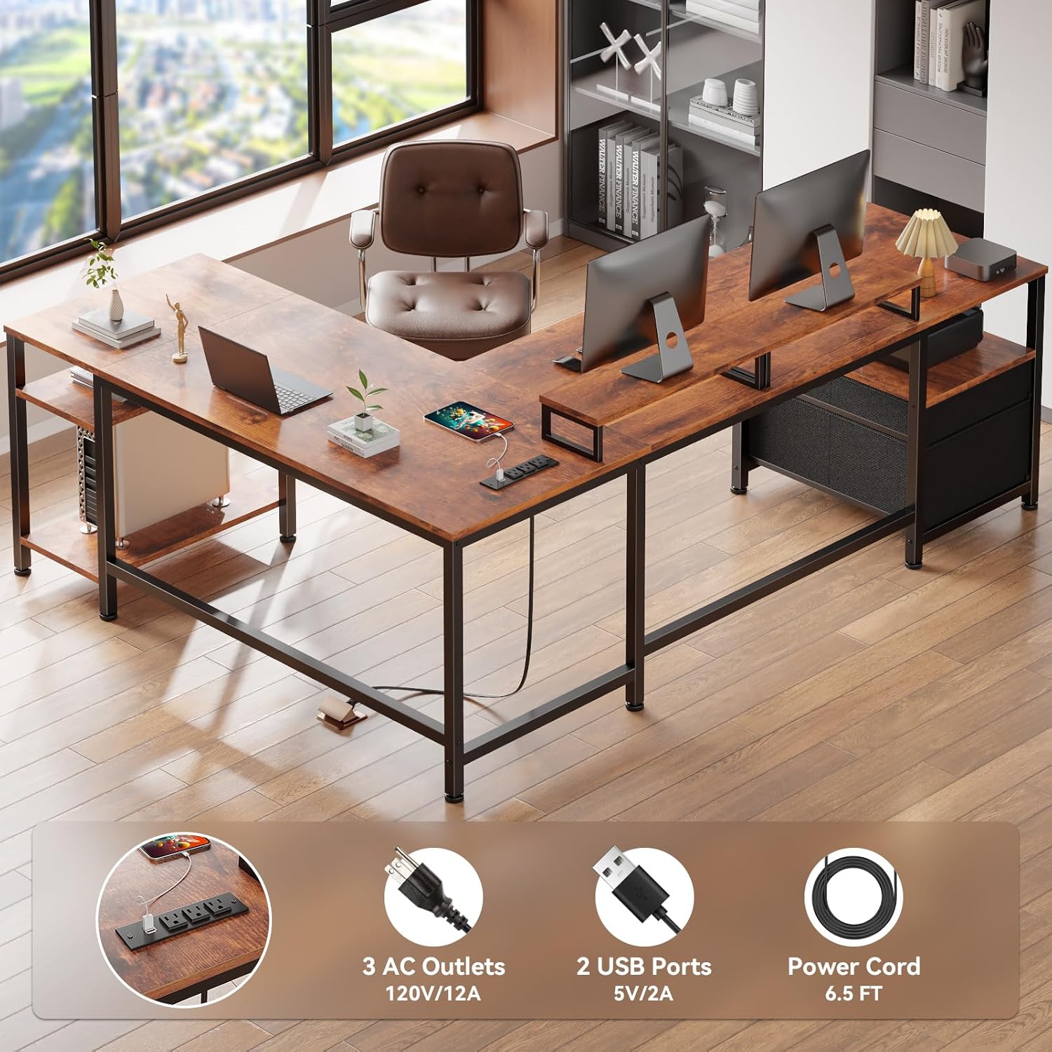 Furologee 66' L Shaped Desk with Power Outlet, Reversible Home Office Desk with File Drawer, 2 Monitor Stands, Storage Shelves, Corner Computer Table for Gaming, Writing, Rustic Brown