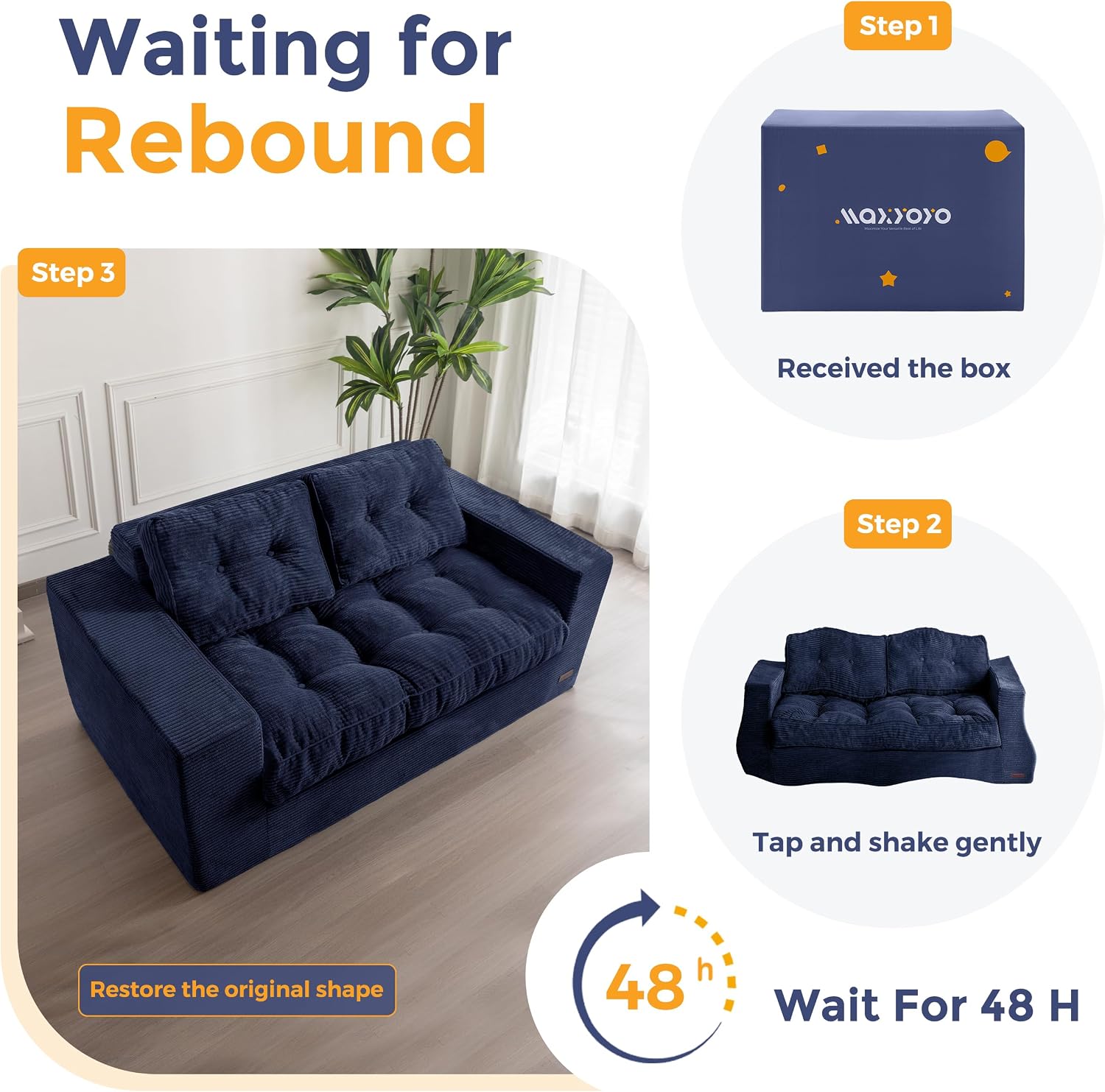 MAXYOYO Bean Bag Chair for Adults, Upholstered Floor Sofa with Armrests, Loveseat Boneless Couch with Tufted Cushion & Backrest, Sofa in A Box, Large Bean Bag Couch for Bedroom Living Room, Navy