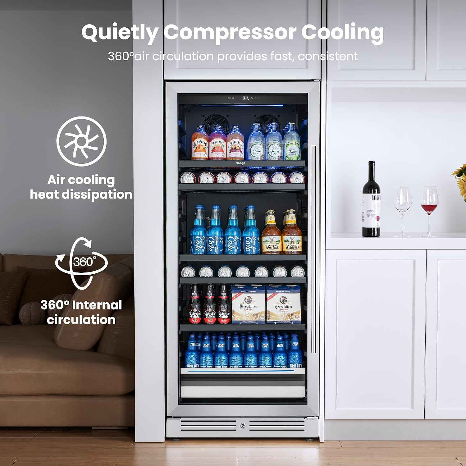 Yeego Beverage Refrigerator 24 inch - 238 Cans Capacity Beverage Cooler, Upgraded Beverage Fridge Freestanding or Built-In, Drink Cooler for Soda, Water, Beer or Wine - For Kitchen, Bar or Office