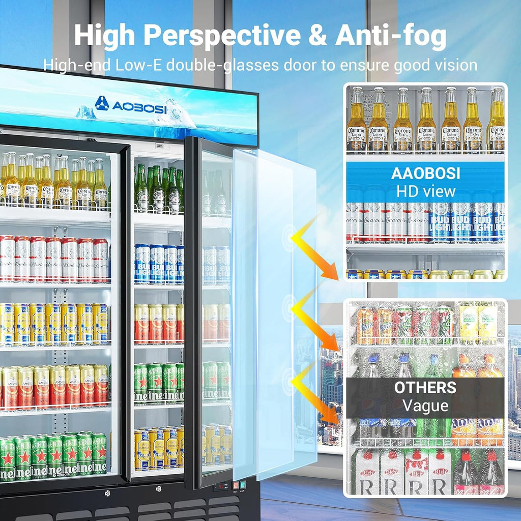 AAOBOSI 50' Wide Commercial Merchandiser Refrigerator,36.8 Cu.Ft Glass Door Display Refrigerator,Upright Beverage Fridge with Soft LED Light,Customizable Lightbox,Universal Casters, Adjustable Shelves