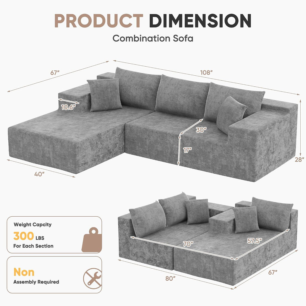 Homall 108' Modular Sectional Sofa, Boneless Couch with L-Shape Chaise, Cloud Couch with Deep Seat Upholstered, No Assembly Required for Living Room, Bedroom (Chenille, Grey)