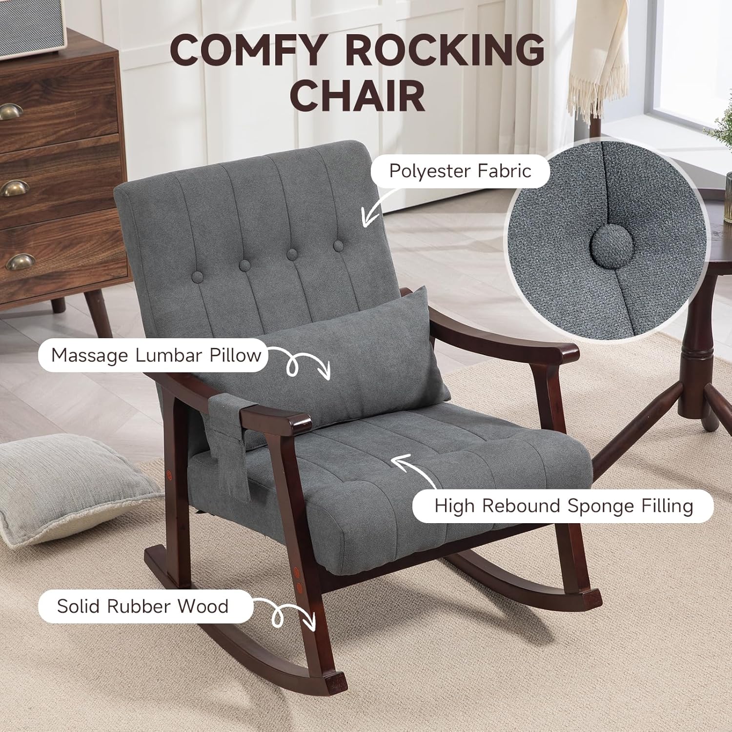 AVAWING Upholstered Rocking Chair, Small Fabric Glider Rocker with 2-Point Massage Lumbar Pillow and Solid Wood Legs, for Bedroom and Living Room, Dark Grey