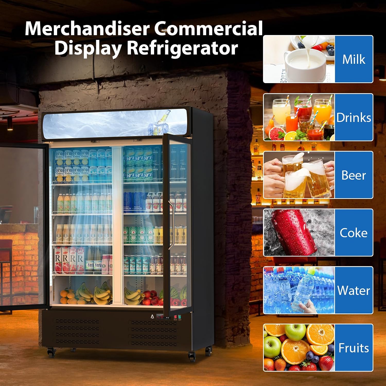 IDEALHOUSE Commercial Glass Door,Beverage Cooler - Upright Display Refrigerator, with LED Lighting for Restaurants, Supermarkets & Cafés | Large Capacity, Adjustable Shelves, Energy Efficient, Black