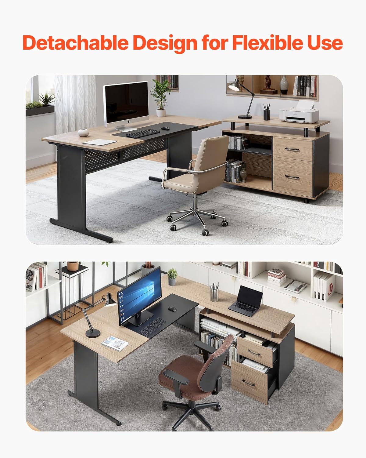 VEVOR 63' L-Shaped Executive Desk, Large Office Desk with Drawers, File Storage Cabinet, Detachable 350 LBS Load Capacity Corner Table, Easy Assembly, Business Furniture Workstation for Home Office
