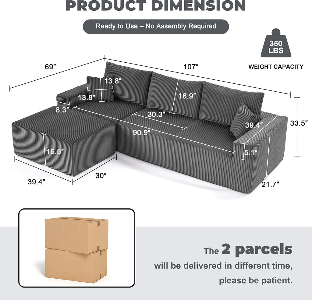 Weture 107' Modular Sectional Sofa, L-Shaped Boneless Couch with Deep Seat, Cozy Cloud Couch Sectional with Convertible Ottoman, Modern Sectional Couches for Living Room, No Assembly, Darkgray