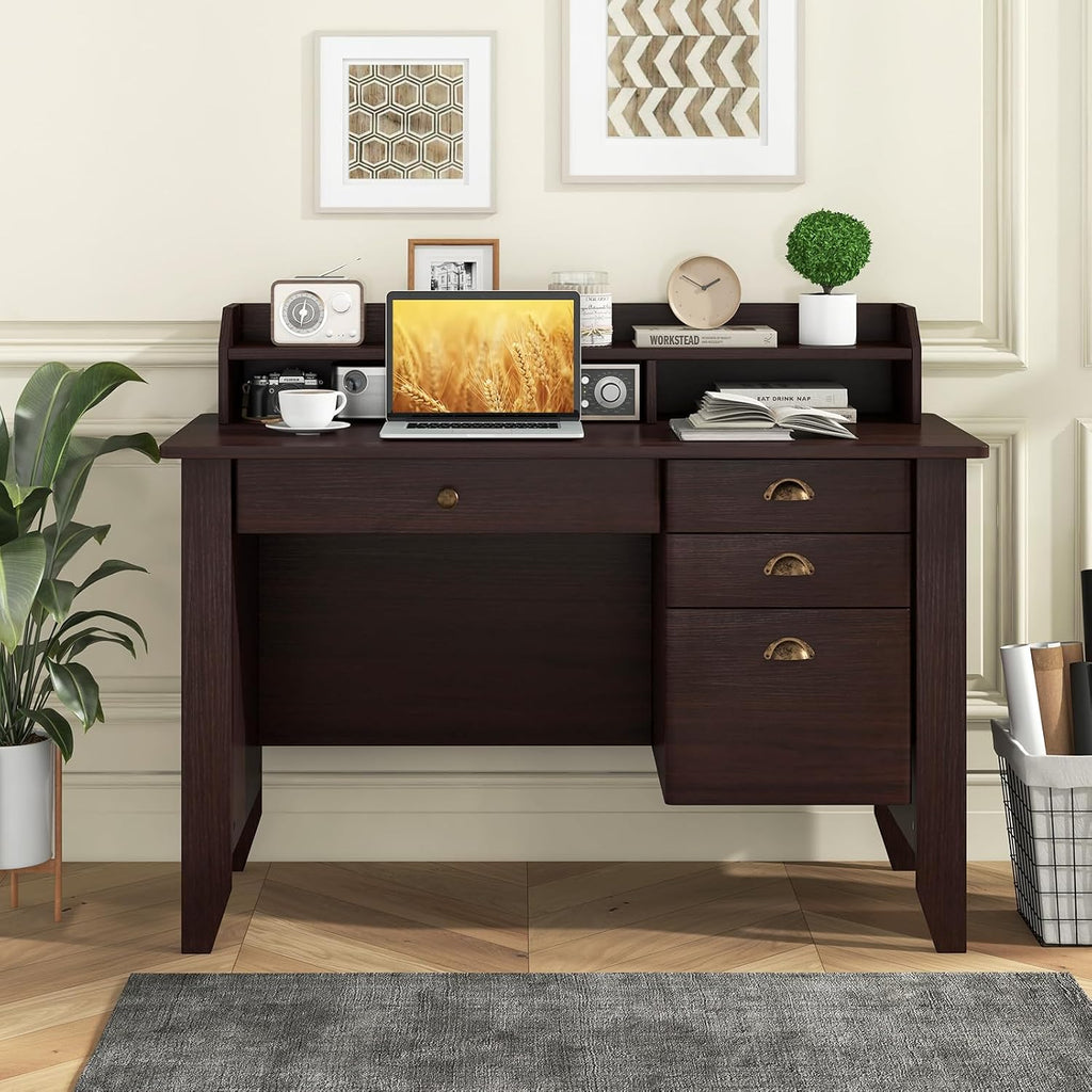 Tangkula Computer Desk with 4 Storage Drawers & Hutch, Home Office Desk Vintage Desk with Storage Shelves, Wooden Executive Desk Writing Study Desk (Brown)