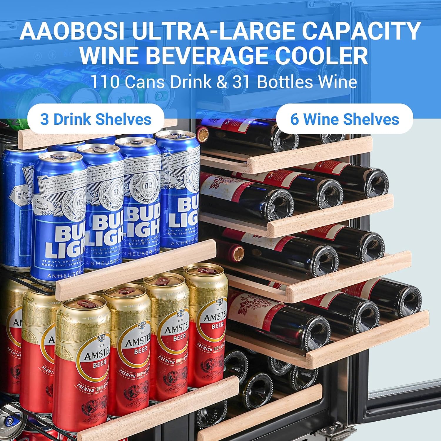 AAOBOSI 30 Inch Dual Zone Wine and Beverage Cooler,31 Bottles & 120 Cans Wine Fridge,Built-in and Freestanding,Removable Fashion Wooden Frame,Intelligent Digital Temperatrue Control,Low Noise